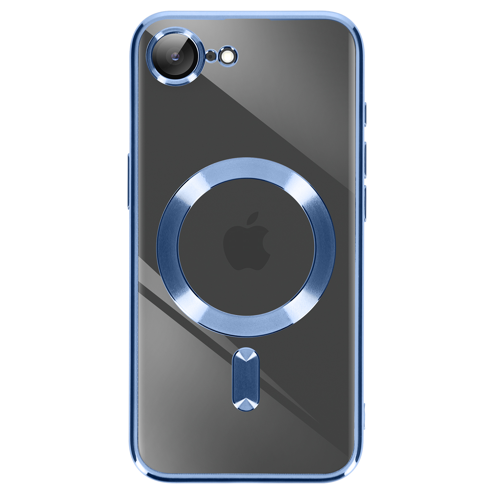 Transparante telefoonhoes met een blauwe ring en Apple-logo, op een witte achtergrond.