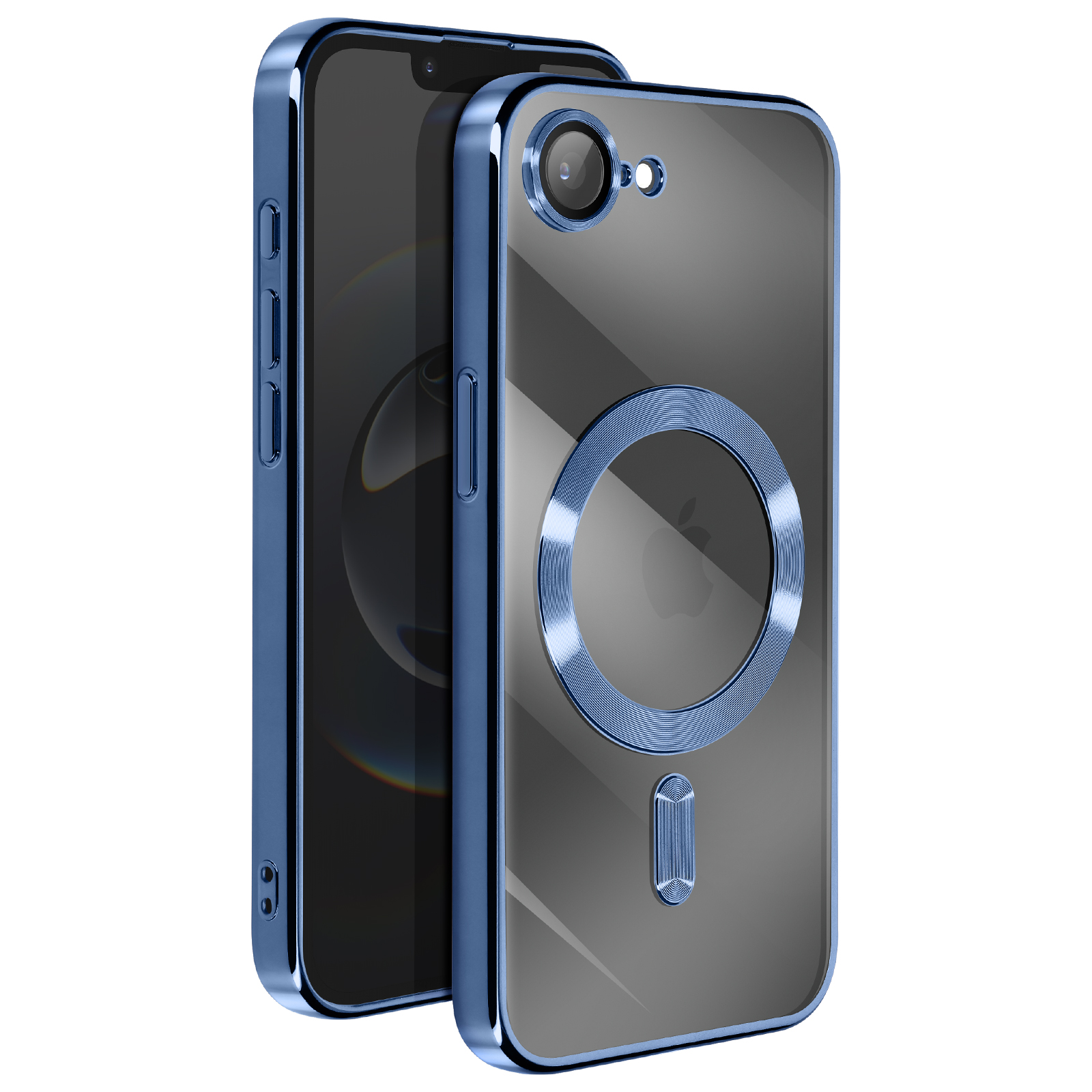 Blauwe telefoonhoes met een doorzichtige achterkant en een zilveren ring. Een telefoon wordt getoond.