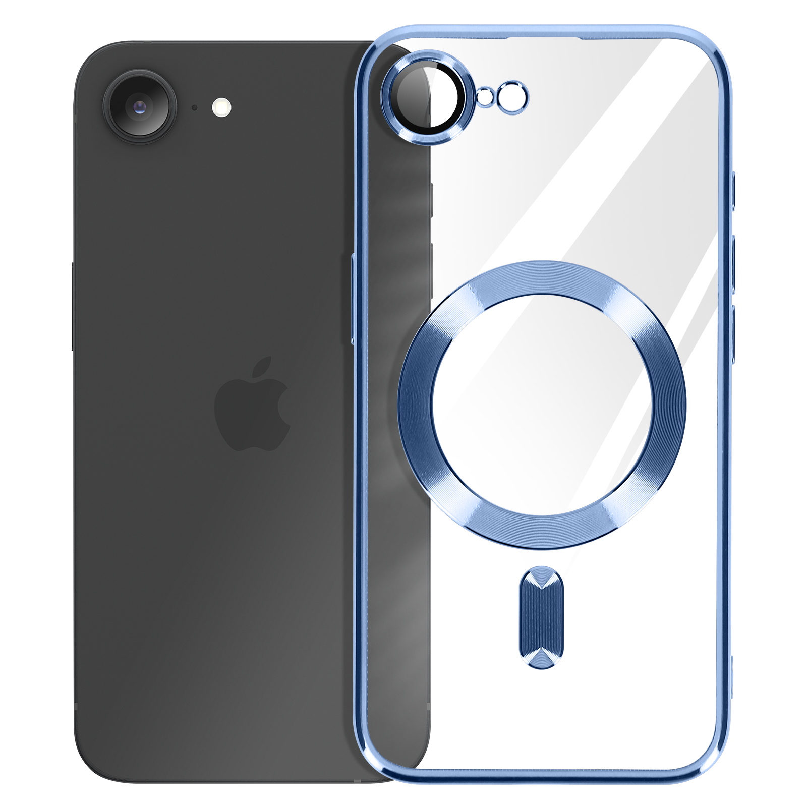 Zwarte telefoon met een blauwe transparante hoes met een blauwe ring. Apple-logo zichtbaar.