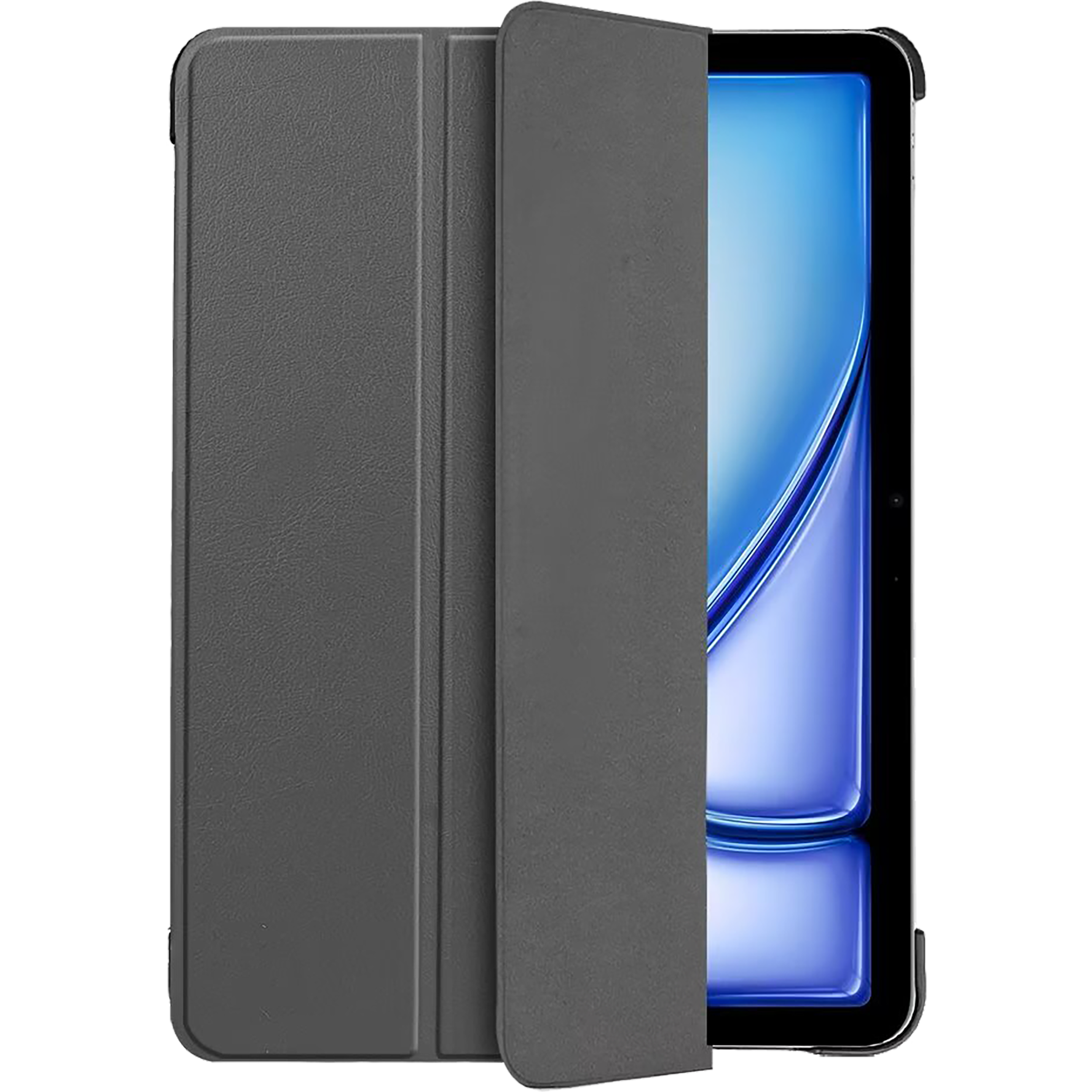Eine dunkelgraue Tablethülle, die geöffnet wird, um ein Tablet freizugeben. Der Tablet-Bildschirm zeigt ein blaues und weißes Bild.