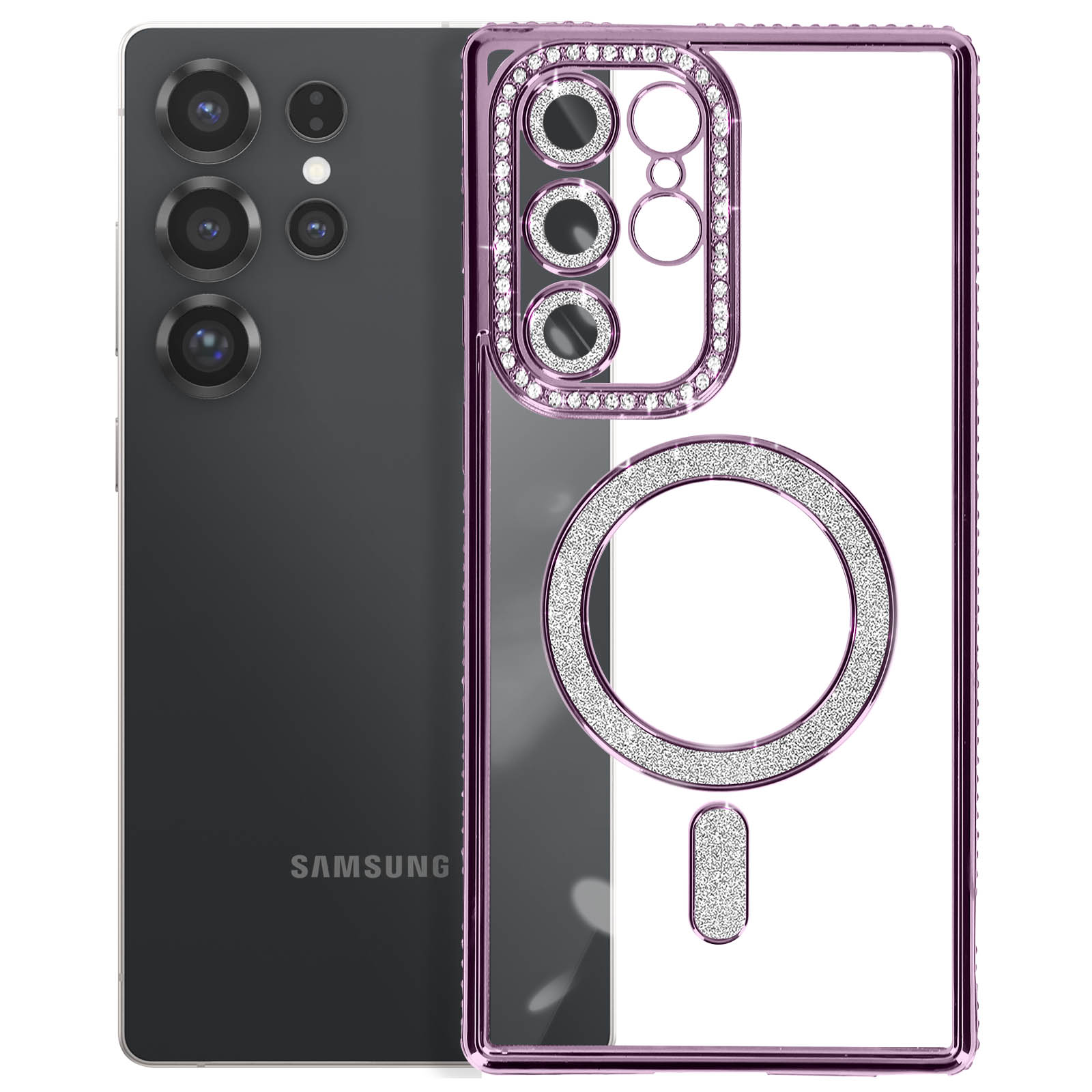 Telefono Samsung nero con custodia viola decorata con strass.