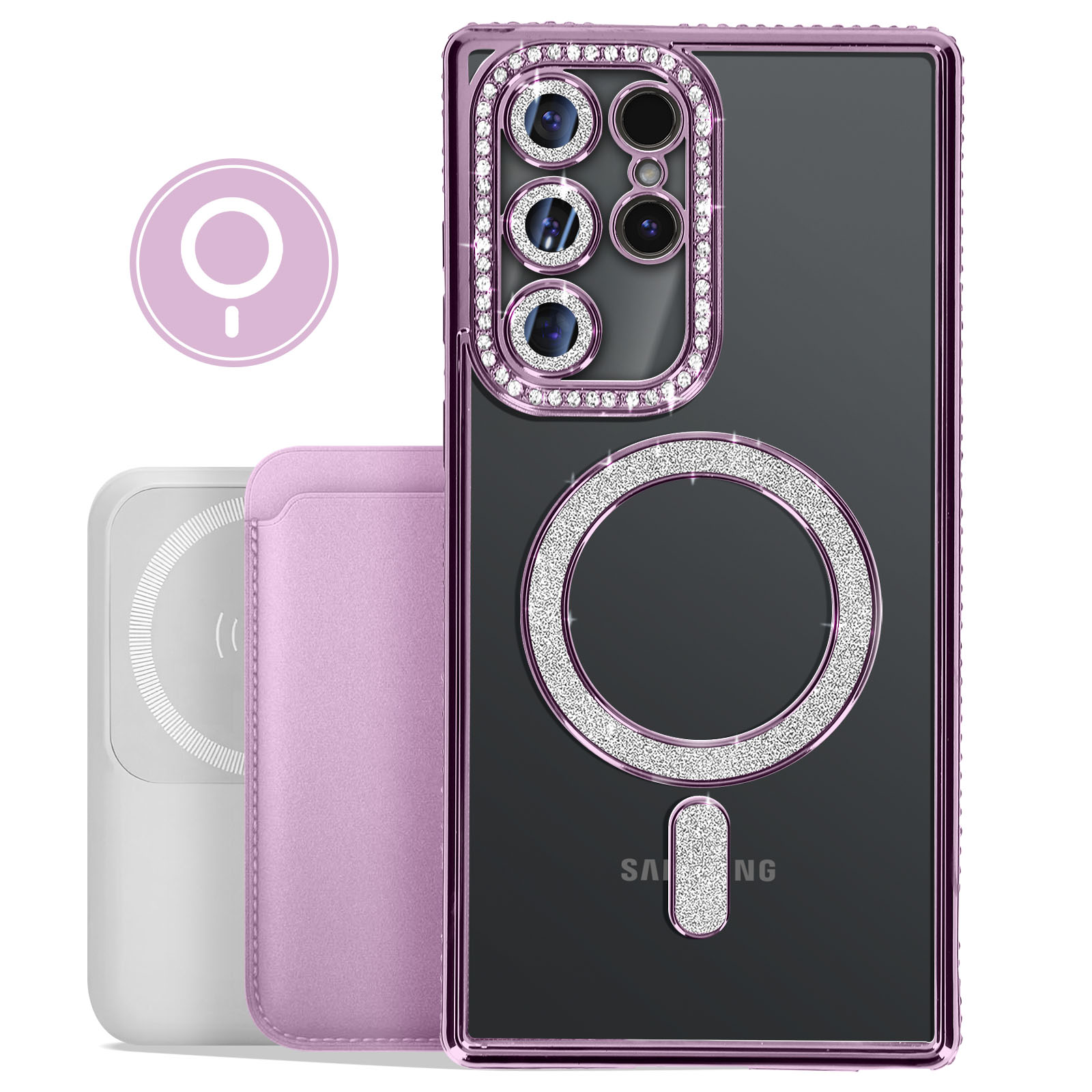 Custodia per telefono rosa con anello di diamanti e porta carte bianco, con caricatore wireless.