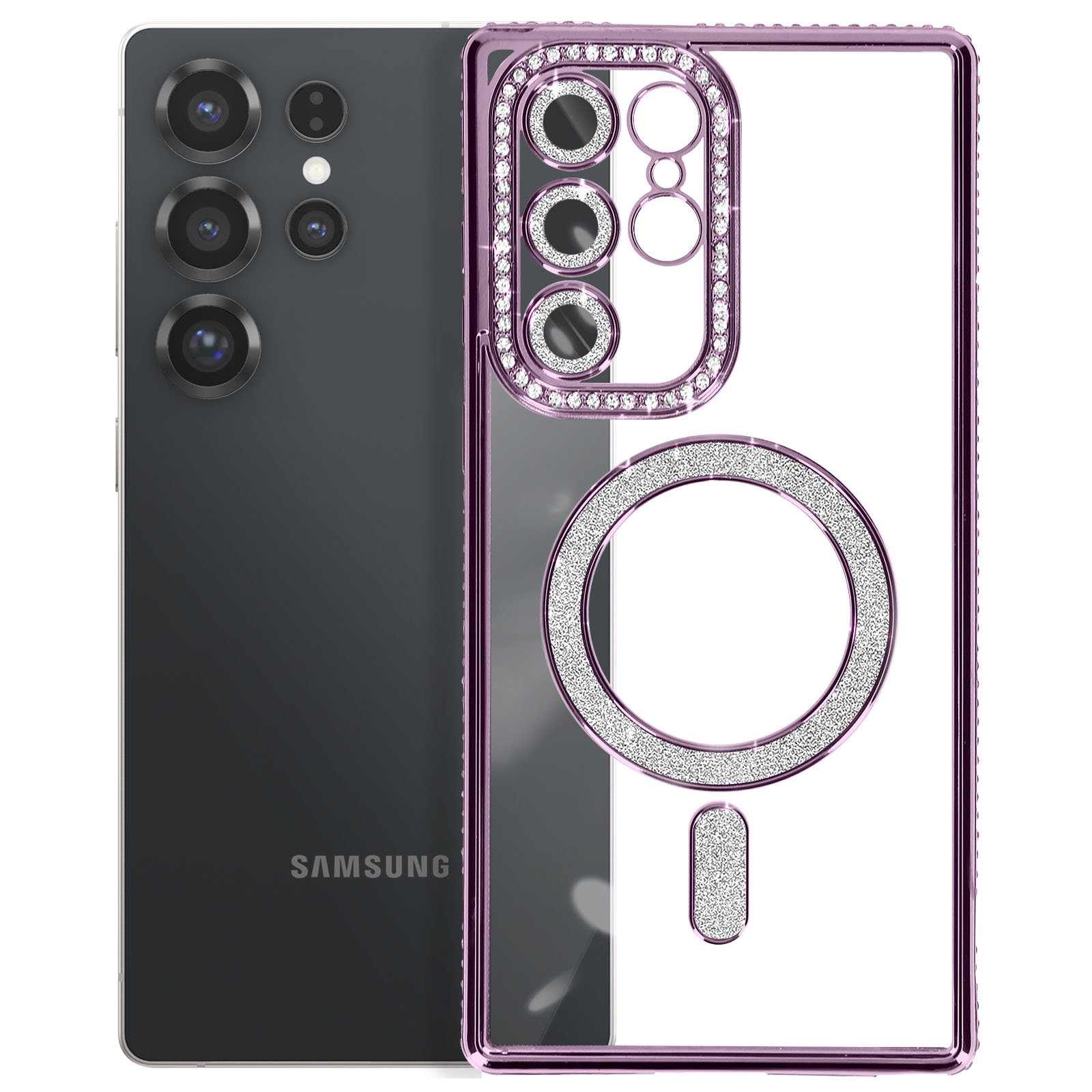 Telefono nero e viola con custodia. La custodia è trasparente con gemme viola attorno alla fotocamera.