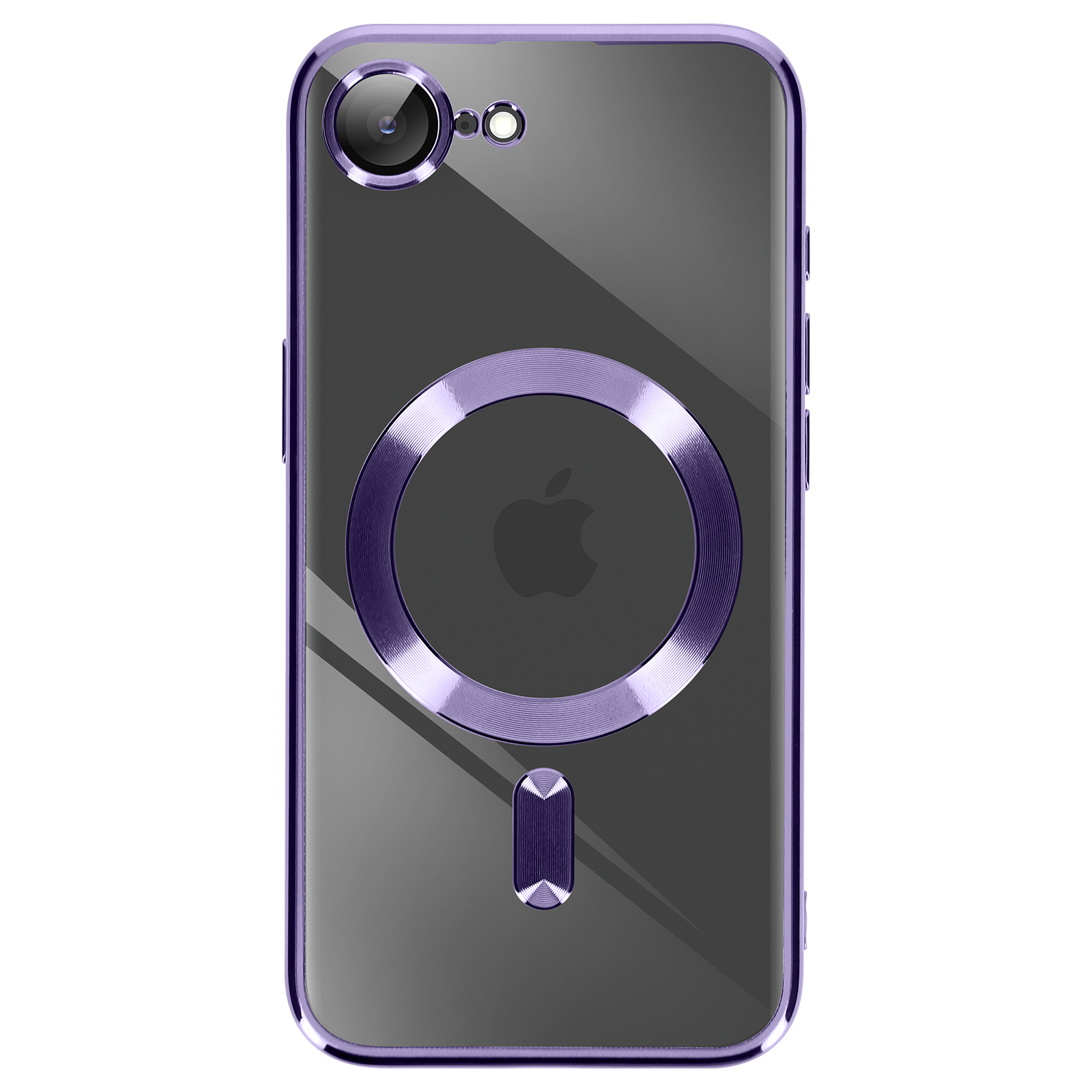 Une coque de téléphone transparente avec un anneau violet autour de la caméra et un cercle de charge violet.
