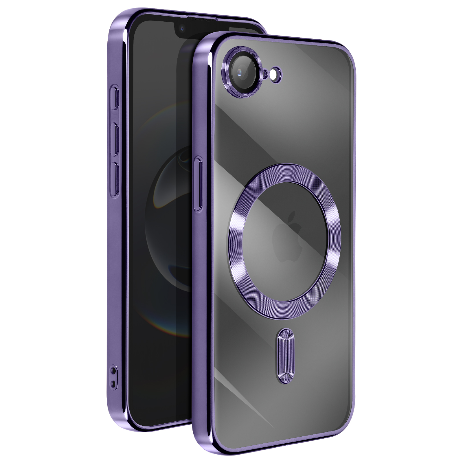 Coque iPhone violette avec dos transparent, anneau magnétique et contour du téléphone.