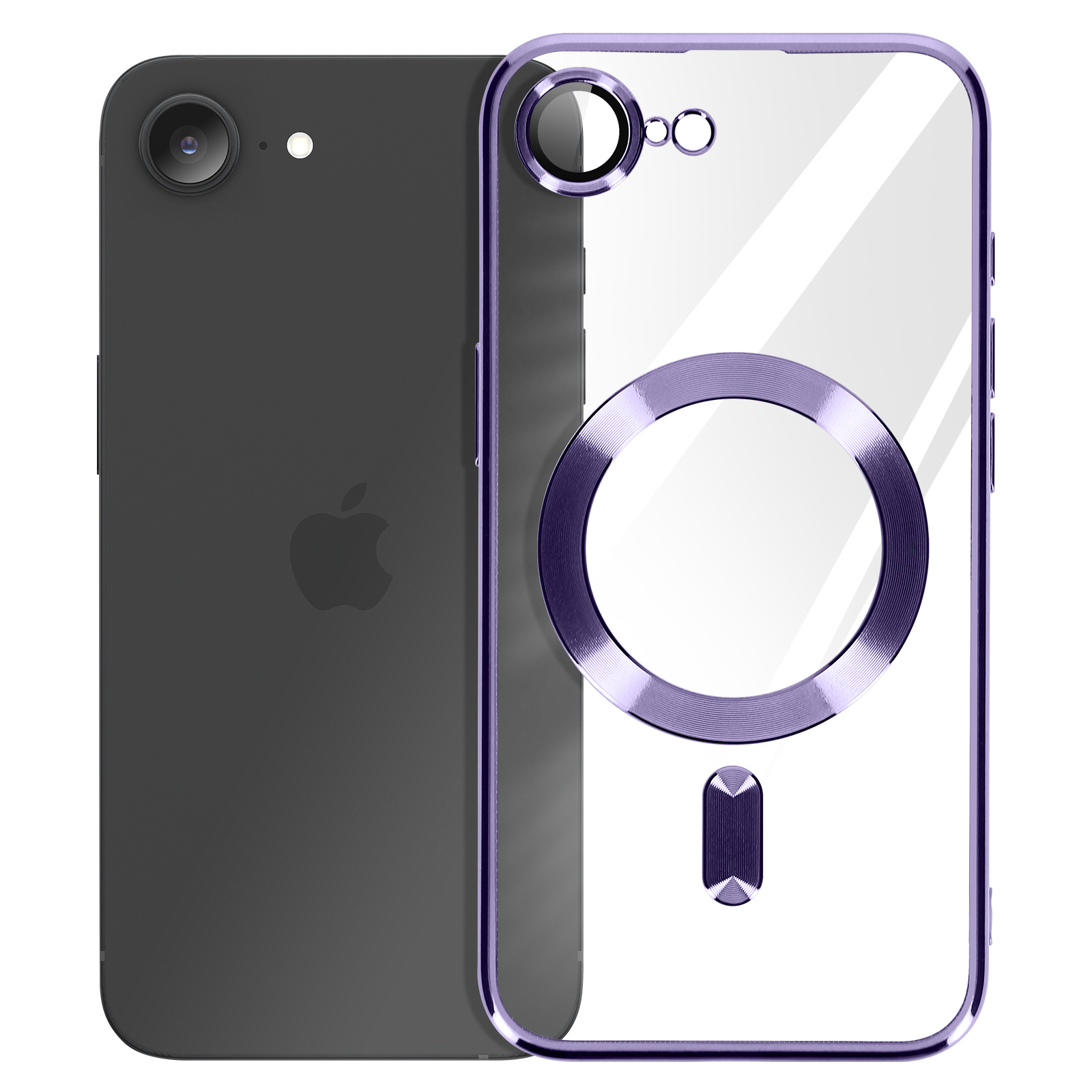 Un iPhone noir avec une coque transparente violette. La coque a un anneau MagSafe.