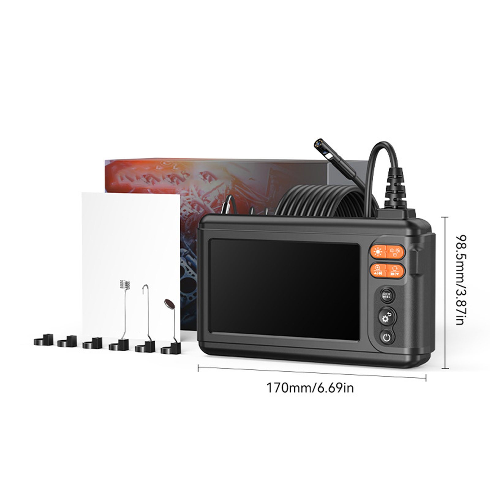 Endoskopie-Kit mit Monitor, Sonde und Zubehör. Messungen in mm und Zoll gezeigt.