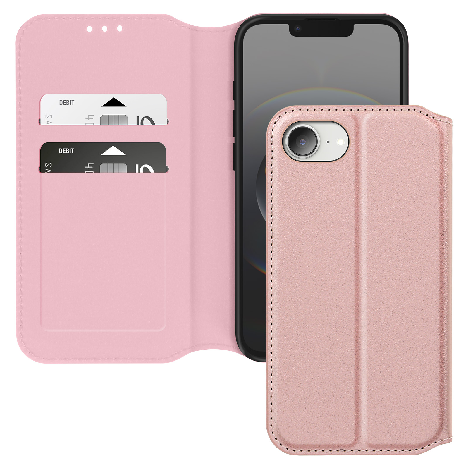 Custodia rosa per telefono con telefono all'interno e due carte nel lembo sinistro.