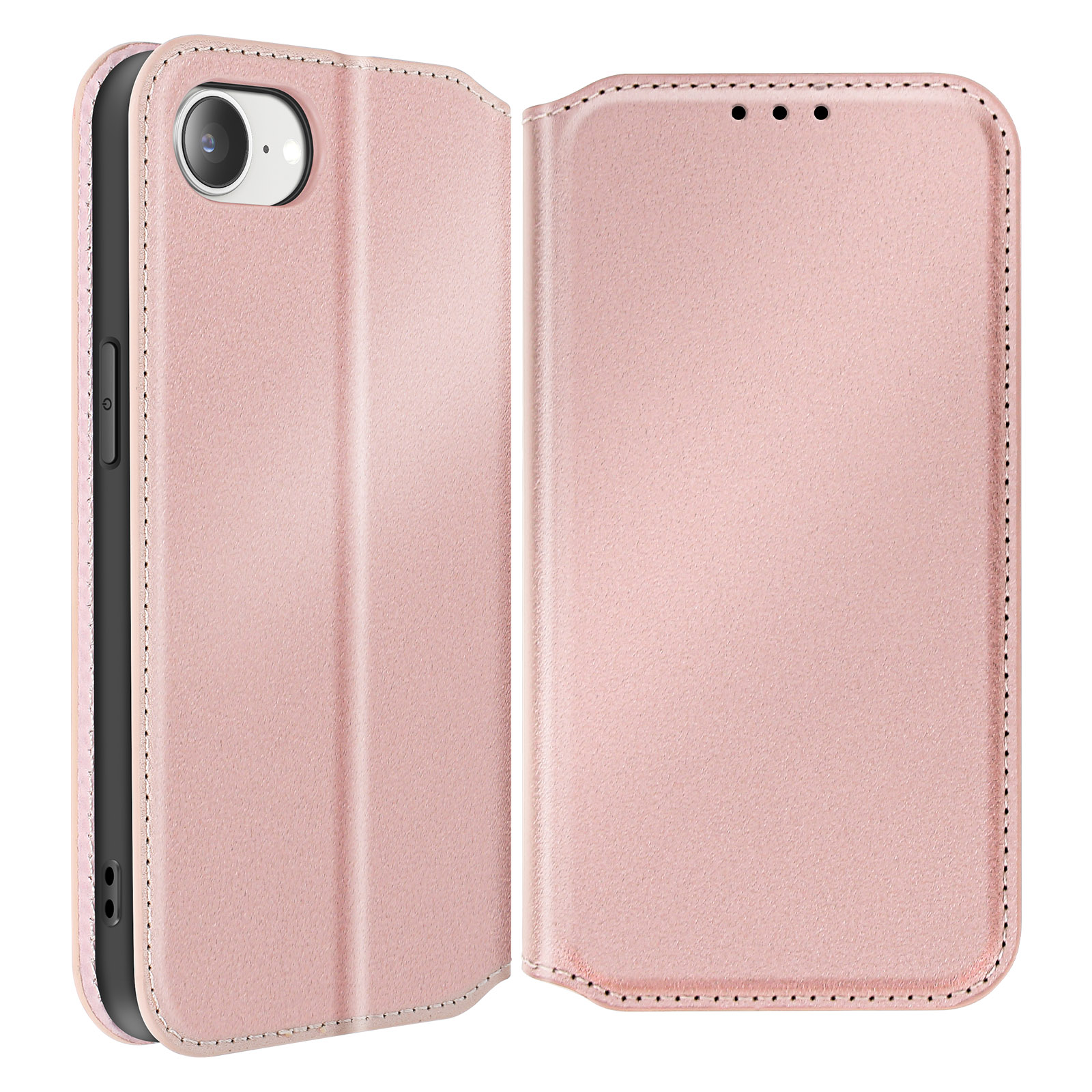 Custodia rosa per telefono, aperta, che mostra l'interno e l'esterno. Lo sfondo è bianco.