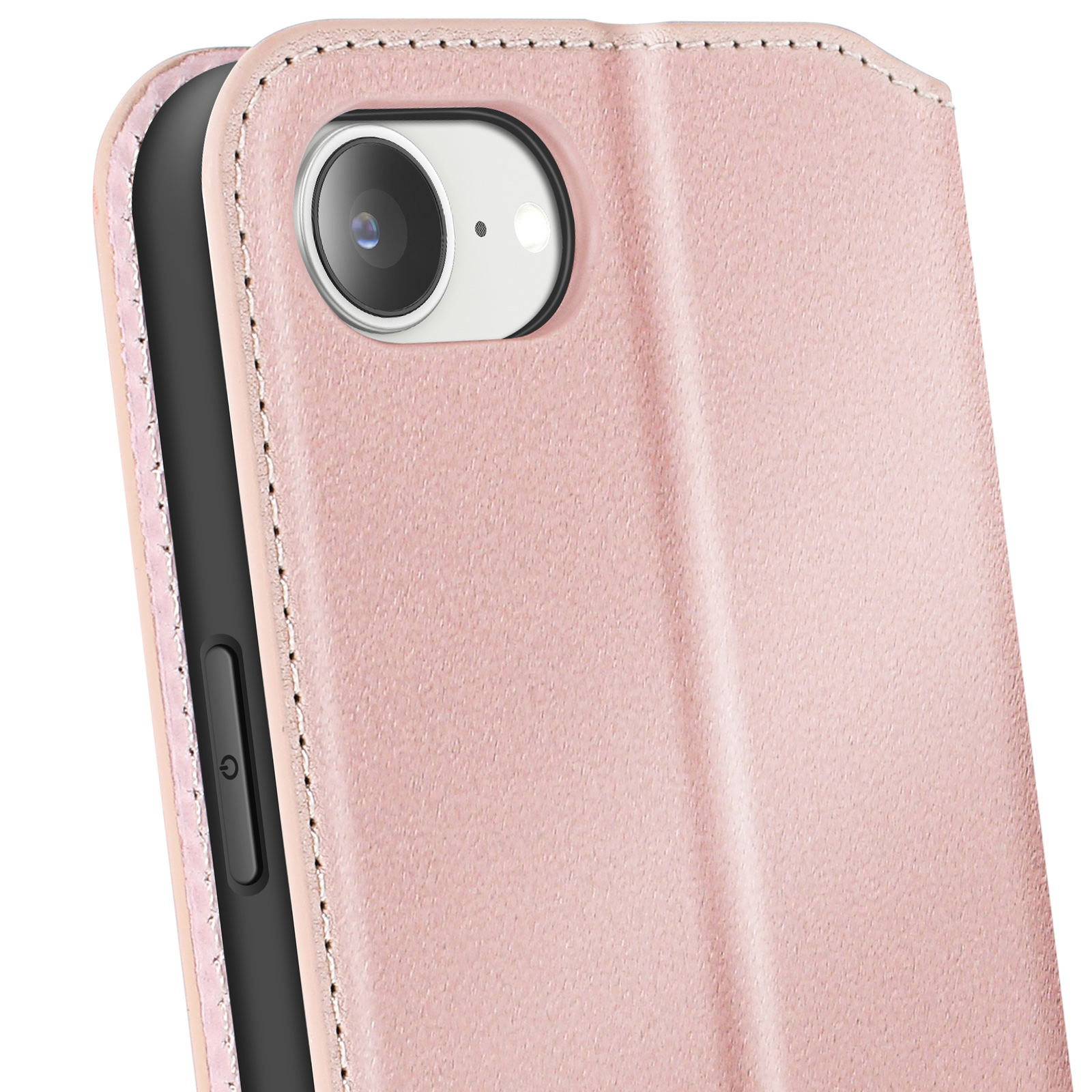 Primo piano di un telefono in una custodia rosa. L'obiettivo della fotocamera è visibile. Il telefono è nero.