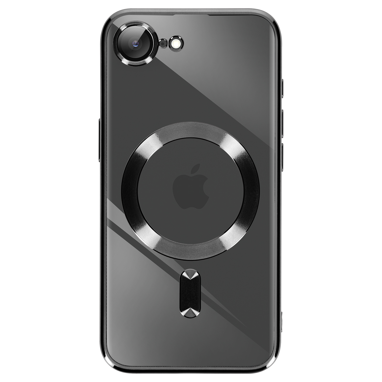 Coque de téléphone noire avec un anneau argenté autour du logo Apple et un objectif.