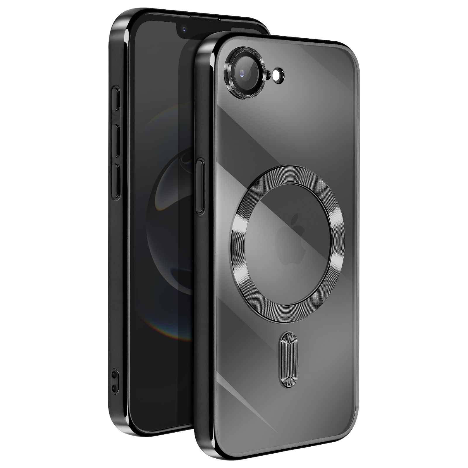 Deux coques noires pour iPhone, une avec un dos transparent et une fonctionnalité MagSafe circulaire visible.