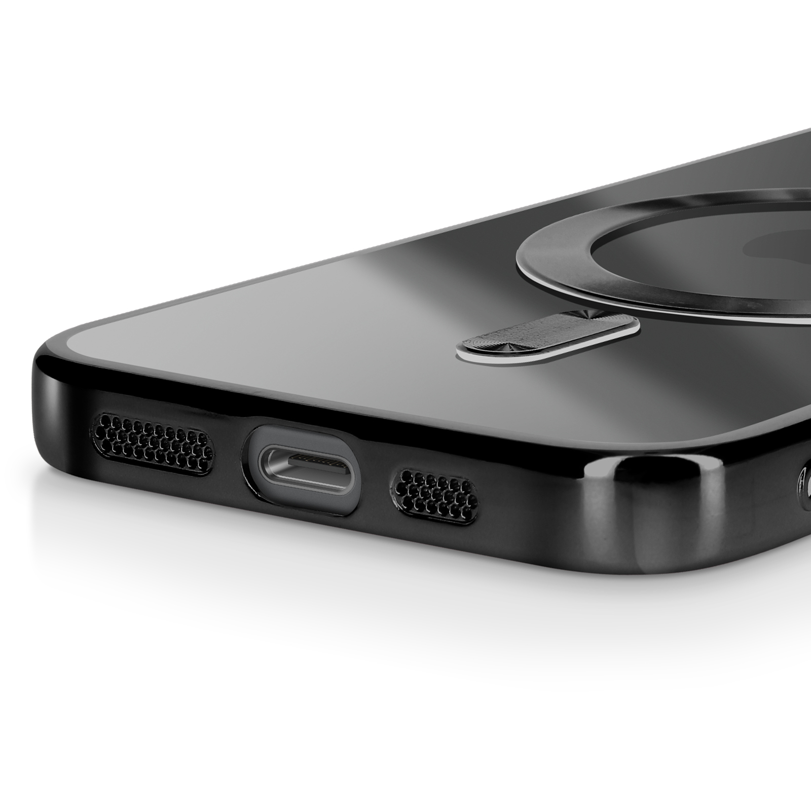 Coque de téléphone noire, gros plan du bas. Comprend des ouvertures et un anneau magnétique.