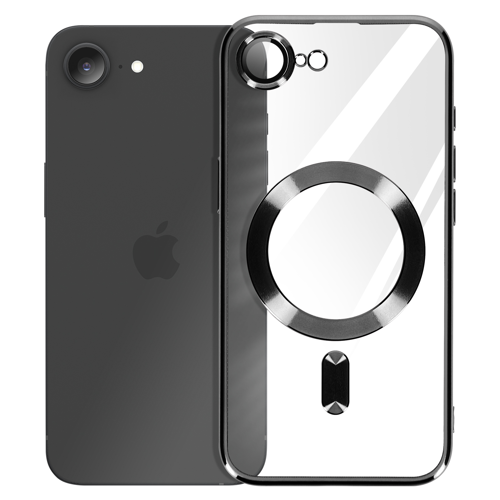 Deux images d'une coque de téléphone noire, l'une montrant le dos et l'autre le côté, avec un dos transparent.