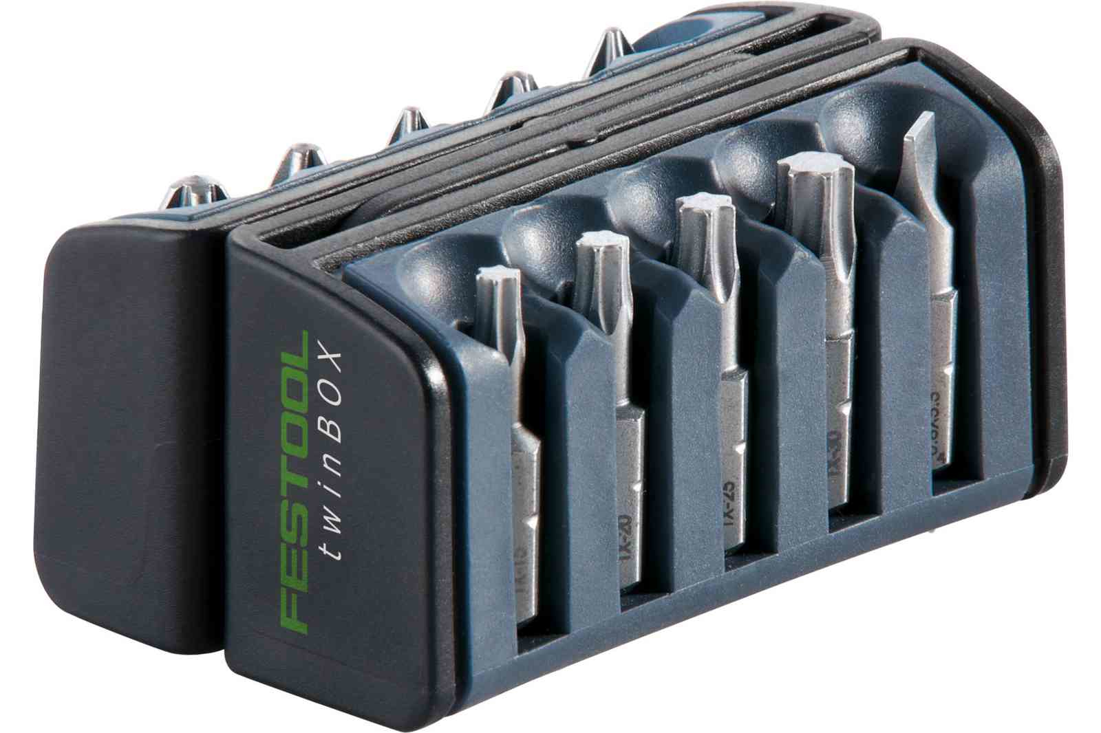 Ein schwarzes Festool twinBOX-Gehäuse mit sechs silbernen Schraubendreherbits.