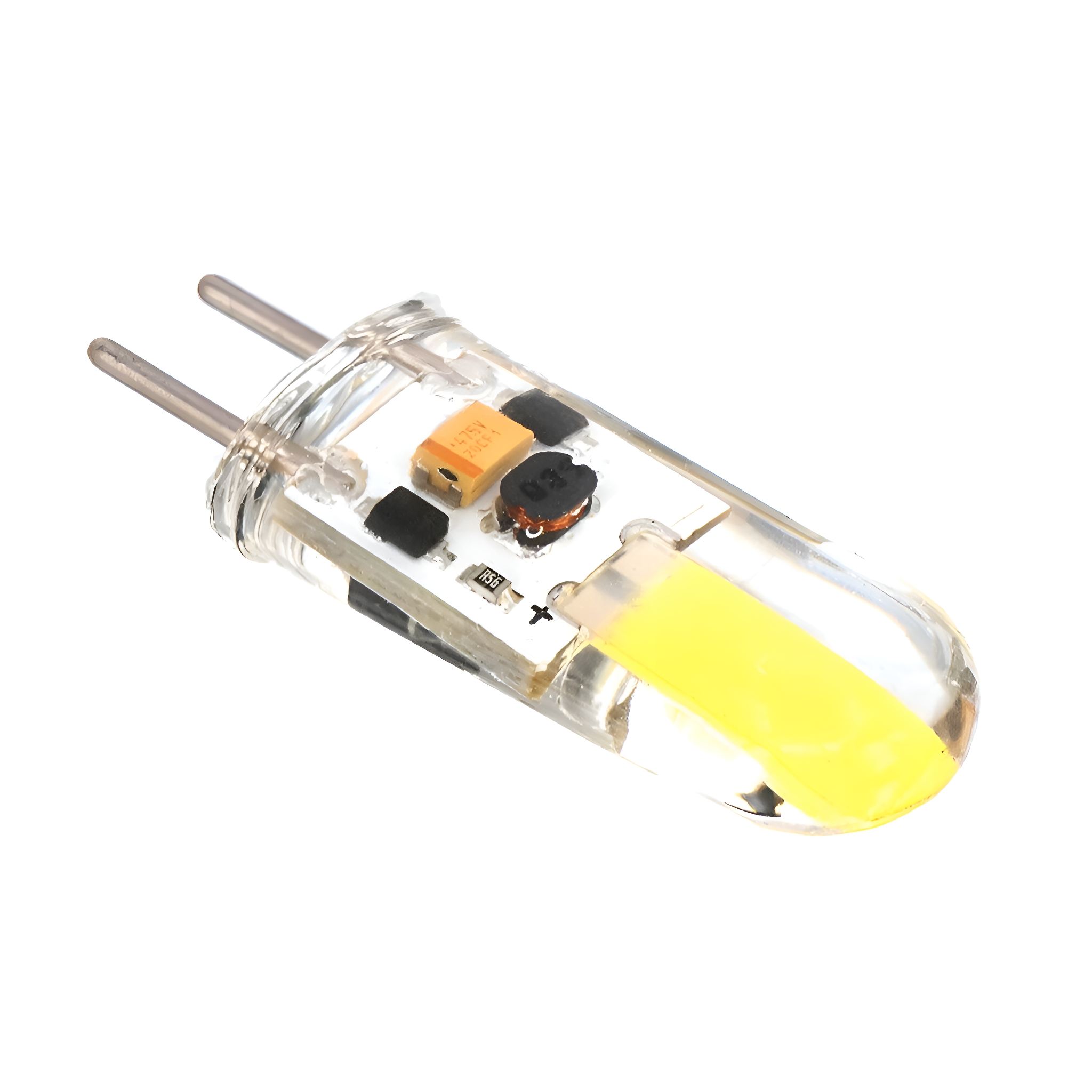 Kleine LED-Glühbirne. Klares Kunststoffgehäuse mit zwei Metallstiften.
