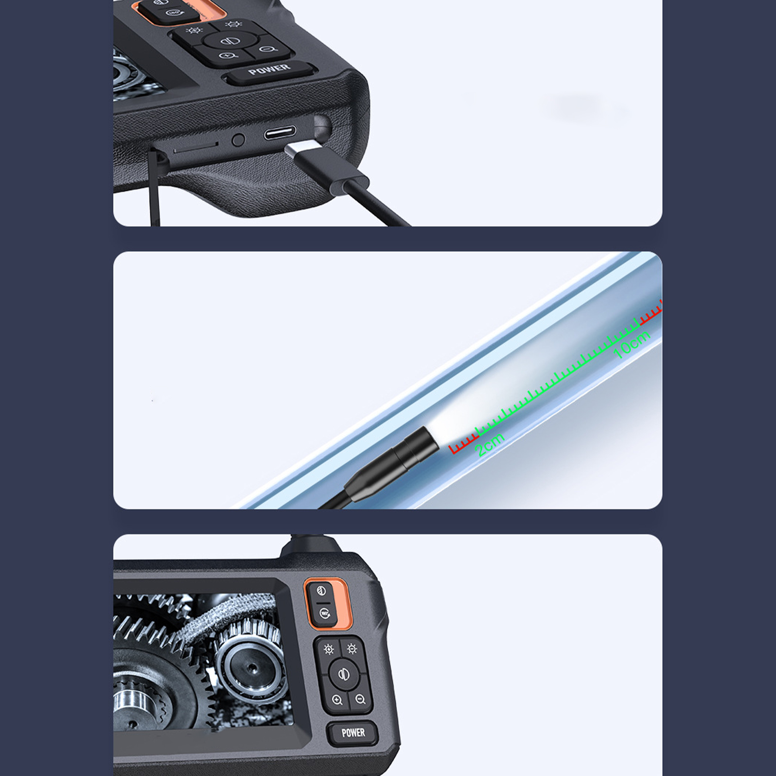 Ein schwarzes Gerät mit USB-Kabel und einer Sonde mit Licht.