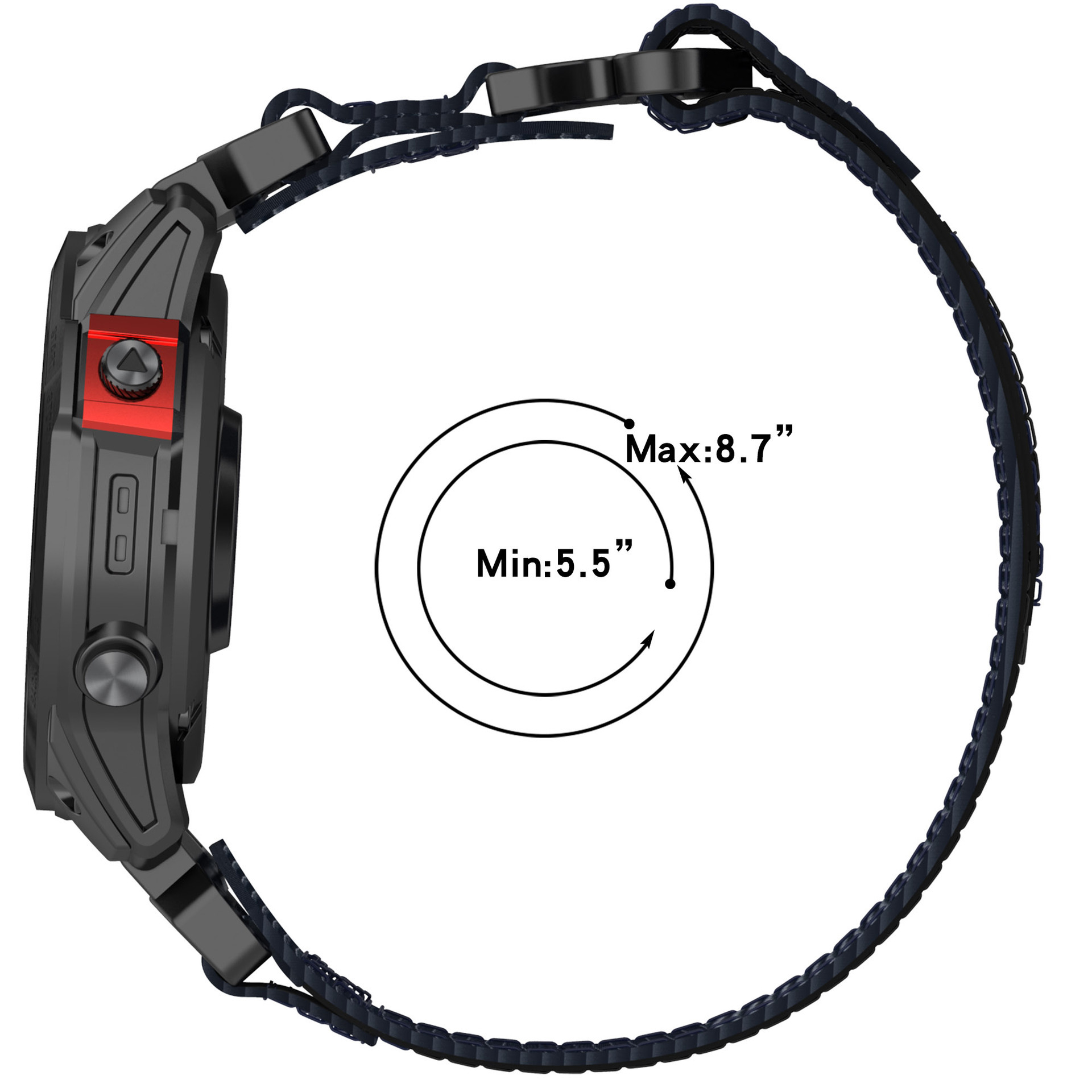 Seitenansicht einer schwarzen Smartwatch mit dunkelblauem Armband, 5,5" bis 8,7".