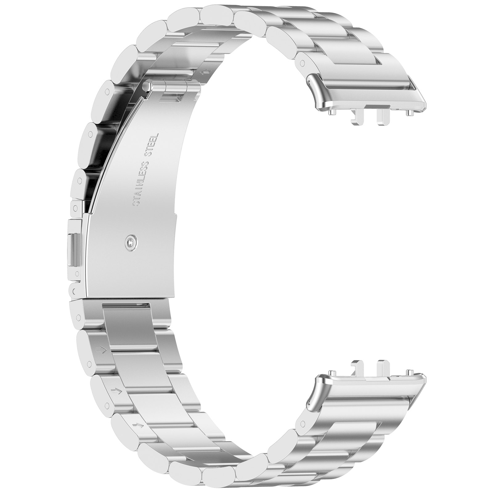 Ein silbernes Edelstahl-Uhrenarmband. Der Verschluss ist sichtbar, mit Gliedern.