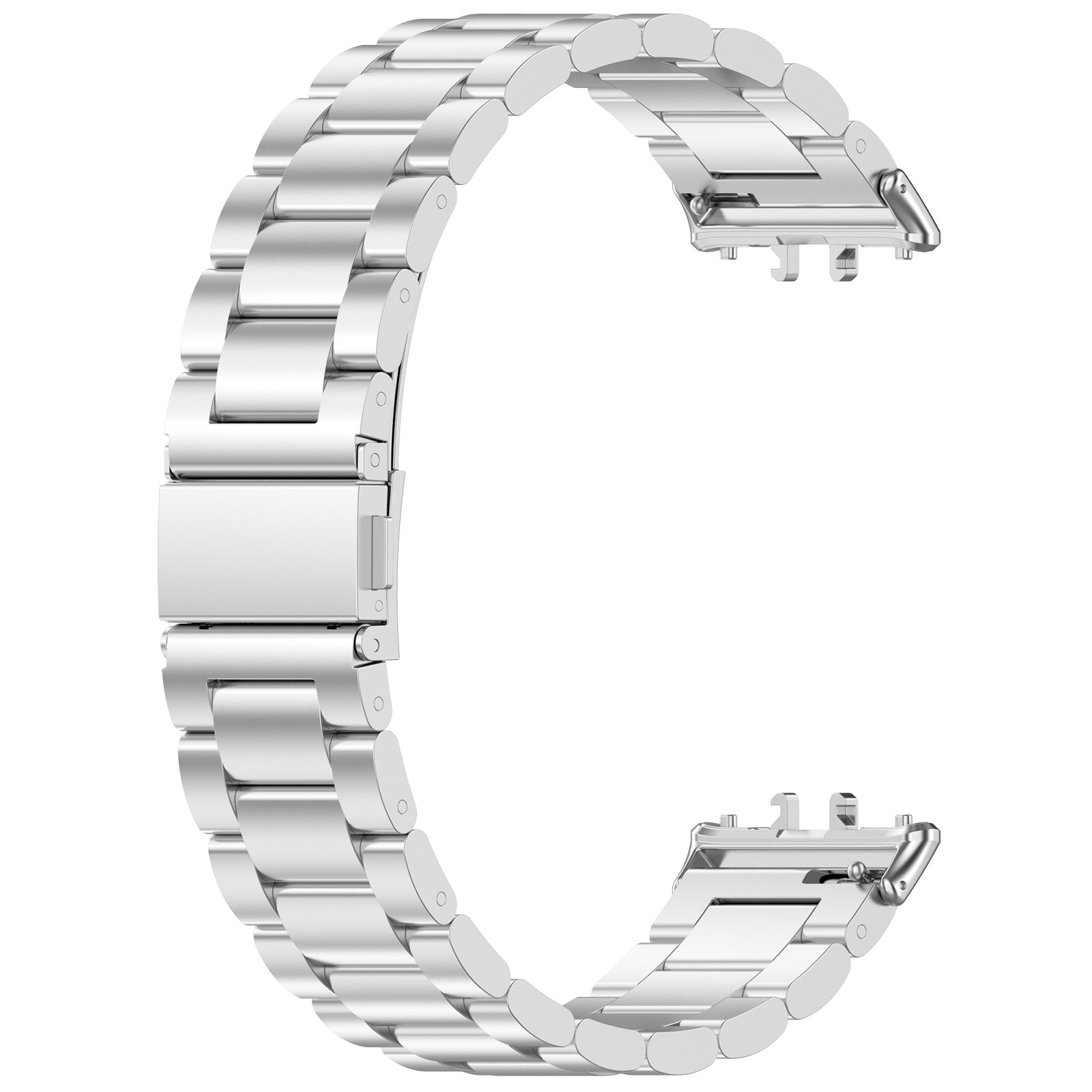 Glänzendes silbernes Uhrenarmband, Glieder verbunden. Das Band ist offen und auf weißem Hintergrund.