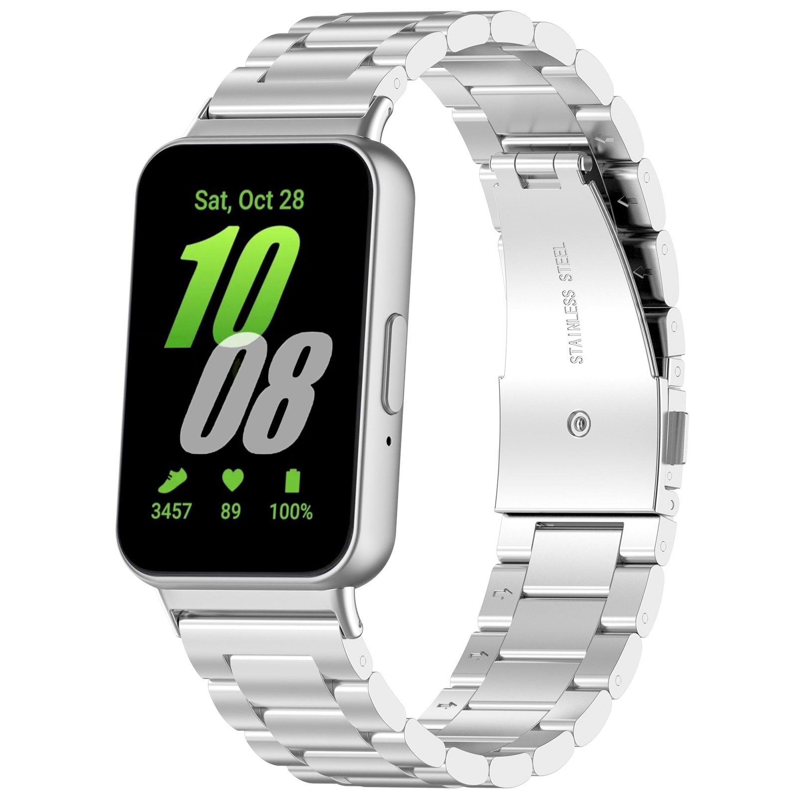 Silberne Smartwatch, die Zeit, Datum und Fitnessdaten anzeigt.