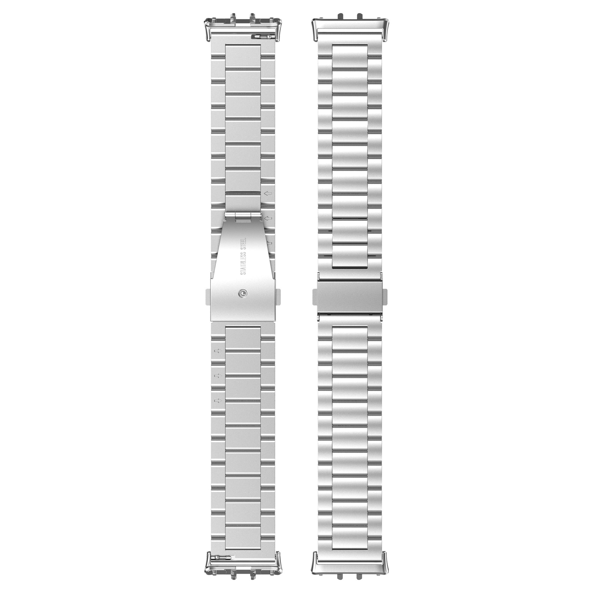 Zwei silberne Edelstahl-Armbänder. Jedes Armband besteht aus rechteckigen Metallgliedern.