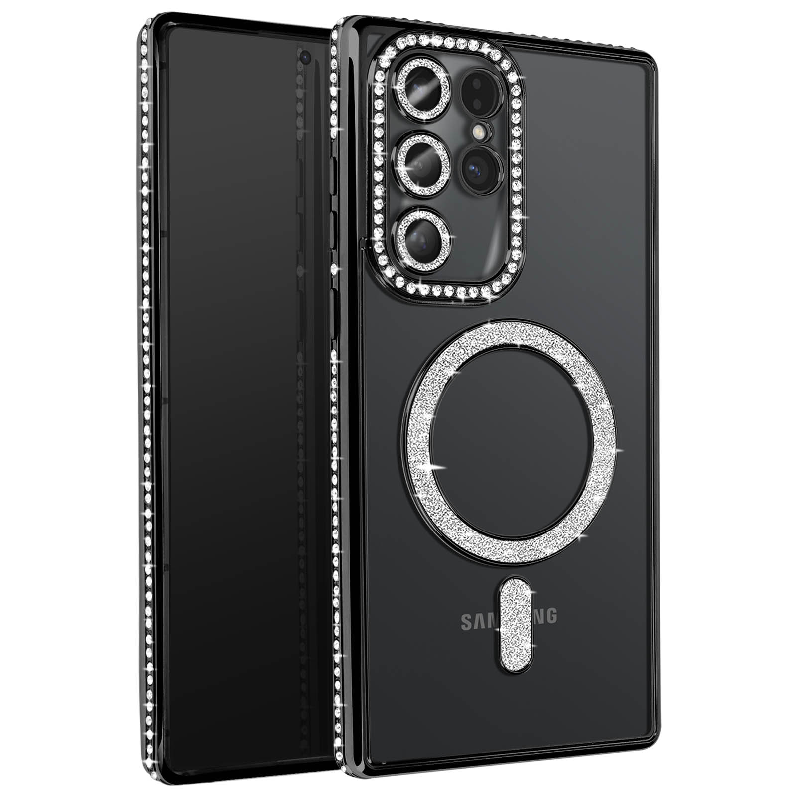 Custodia nera per telefono con strass attorno alla fotocamera e un cerchio magnetico.