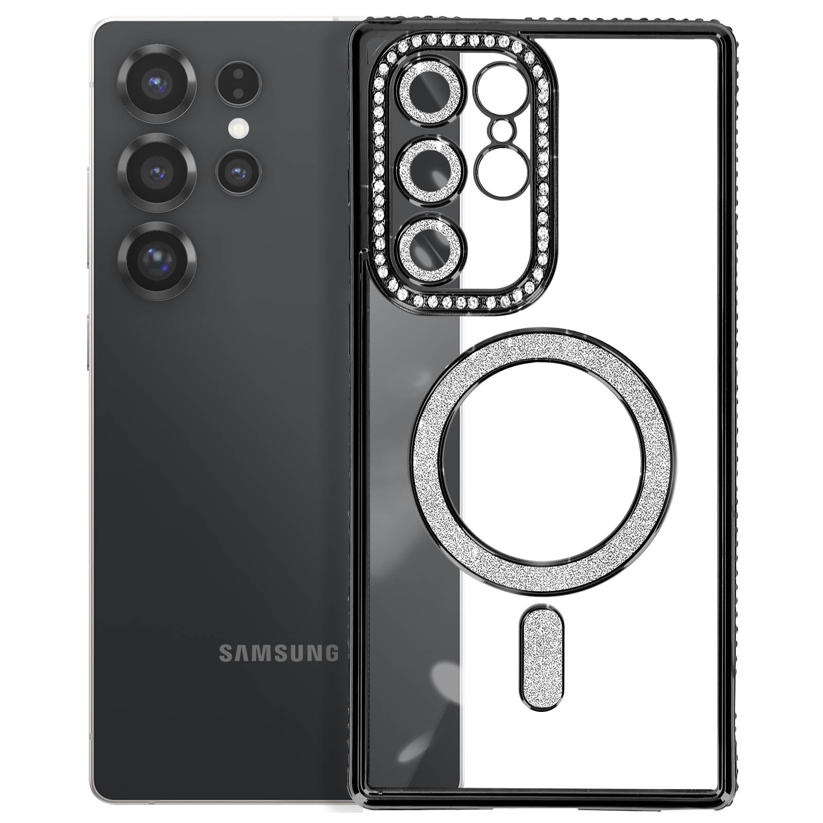 Telefono Samsung nero con custodia trasparente. La custodia ha un anello di strass attorno alla fotocamera.