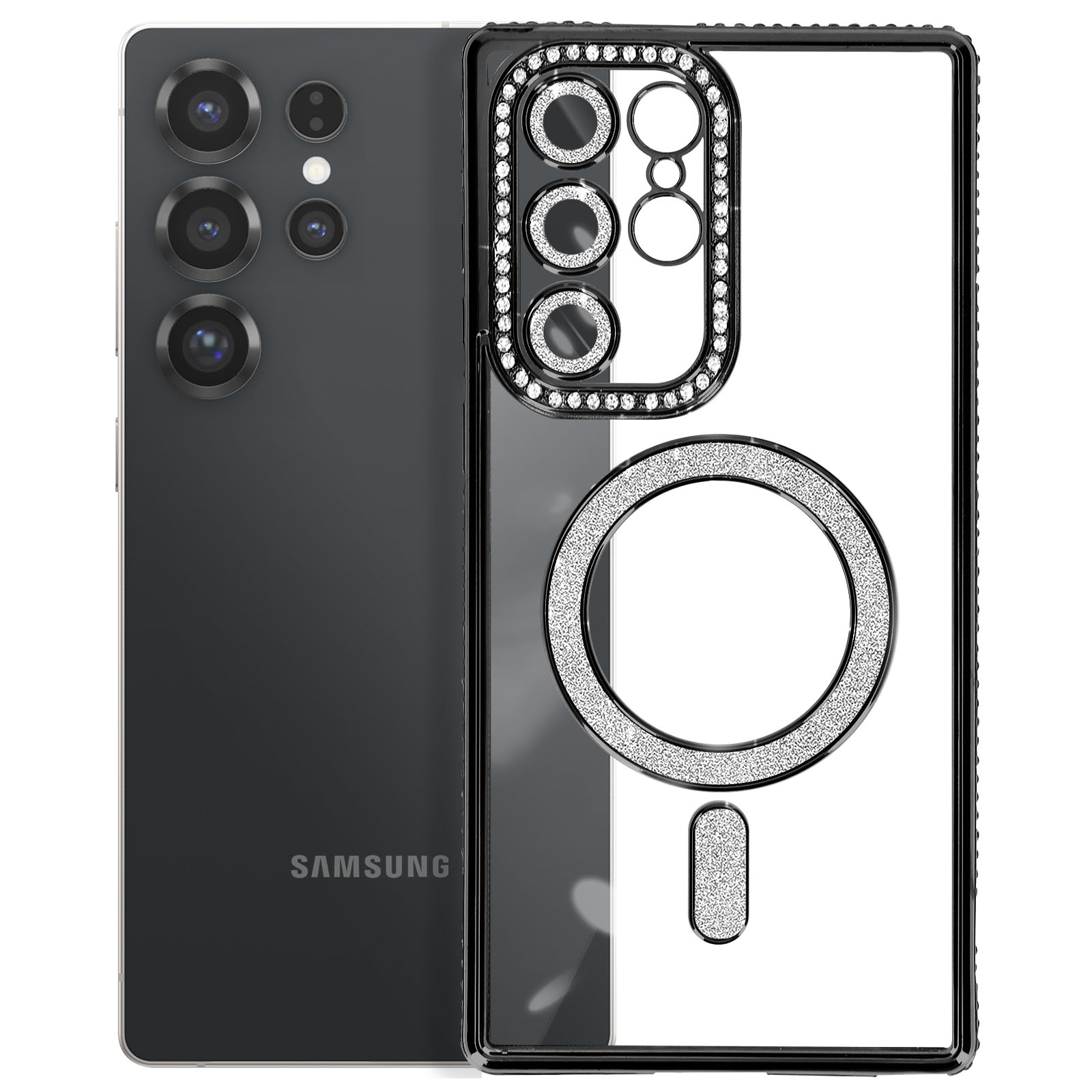 Un telefono con una custodia, la custodia ha strass intorno alla fotocamera.
