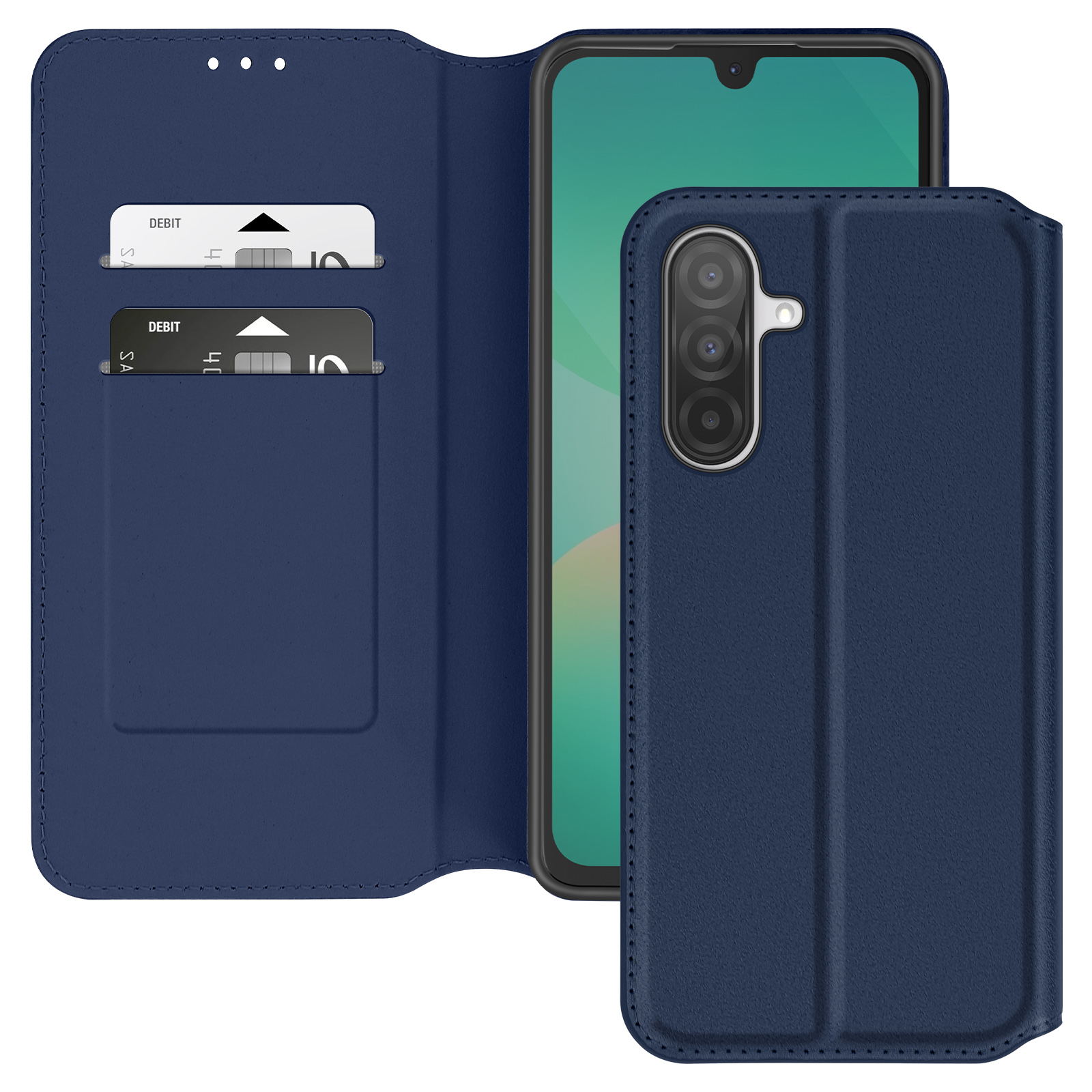 Custodia blu navy per telefono con telefono all'interno e due carte nel lembo sinistro.