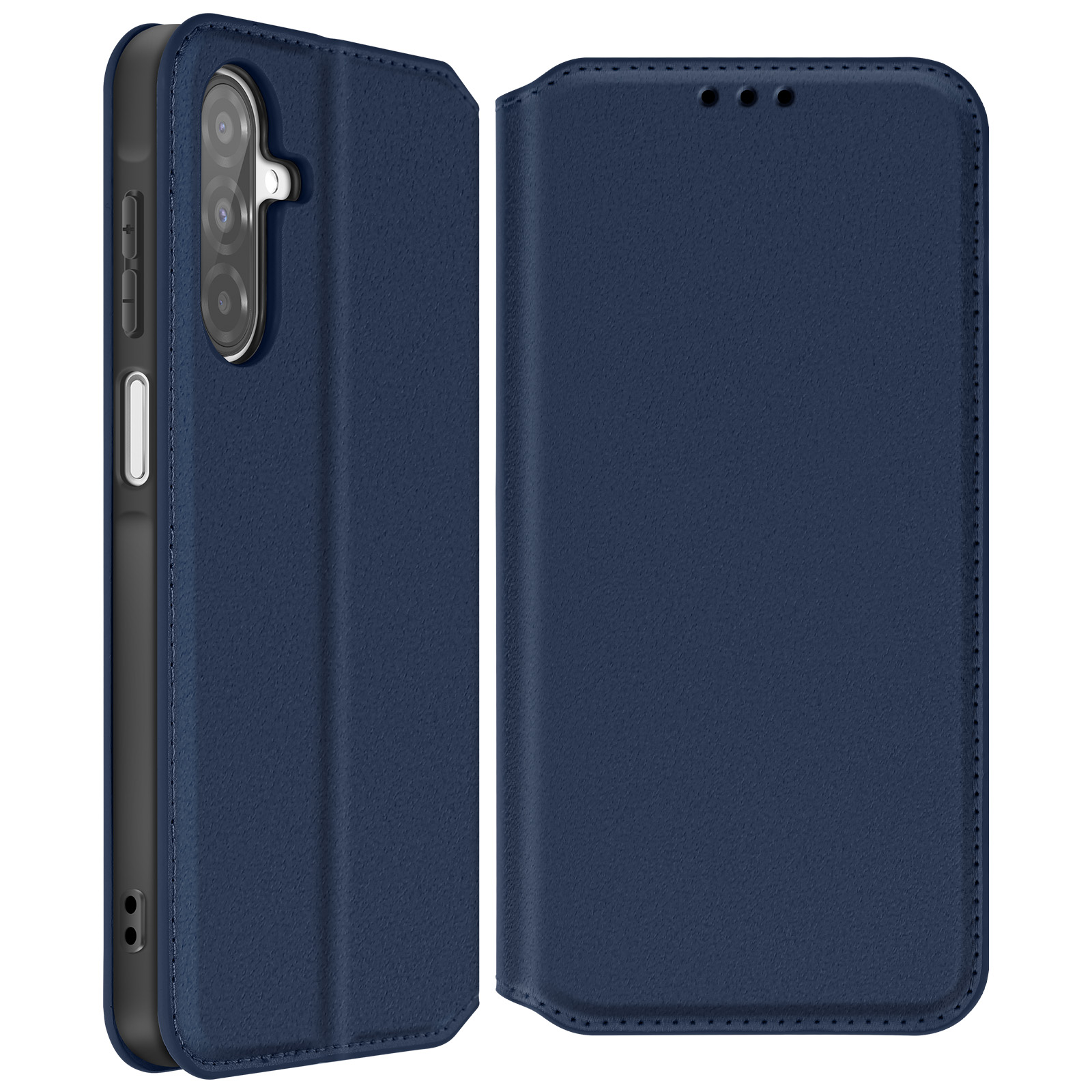 Una custodia blu navy, aperta e chiusa. La custodia ha un ritaglio per la fotocamera e i pulsanti.
