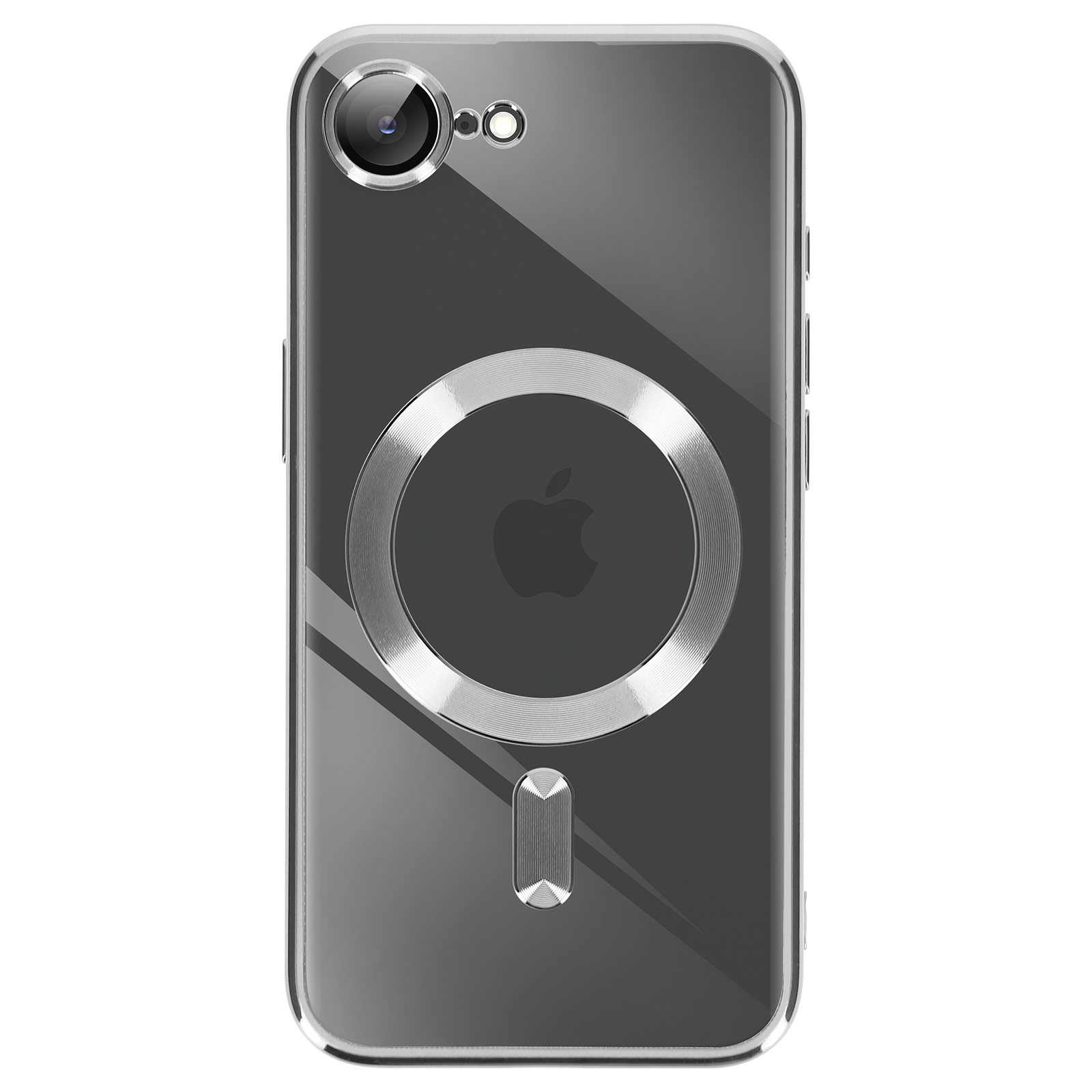 Une coque transparente pour téléphone avec un anneau argenté et le logo Apple.