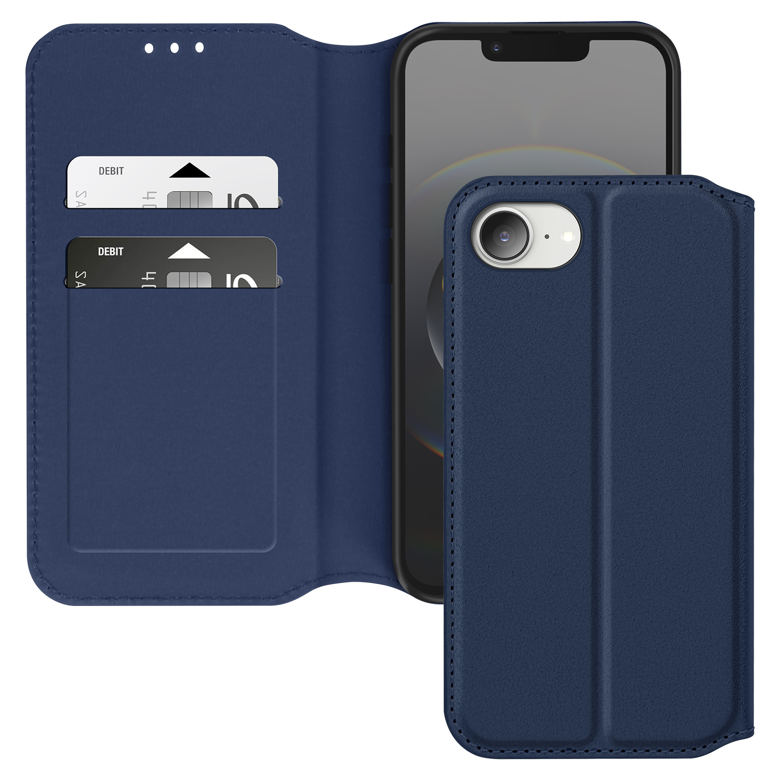 Custodia blu per telefono con telefono all'interno, due fessure per carte con carte di debito.