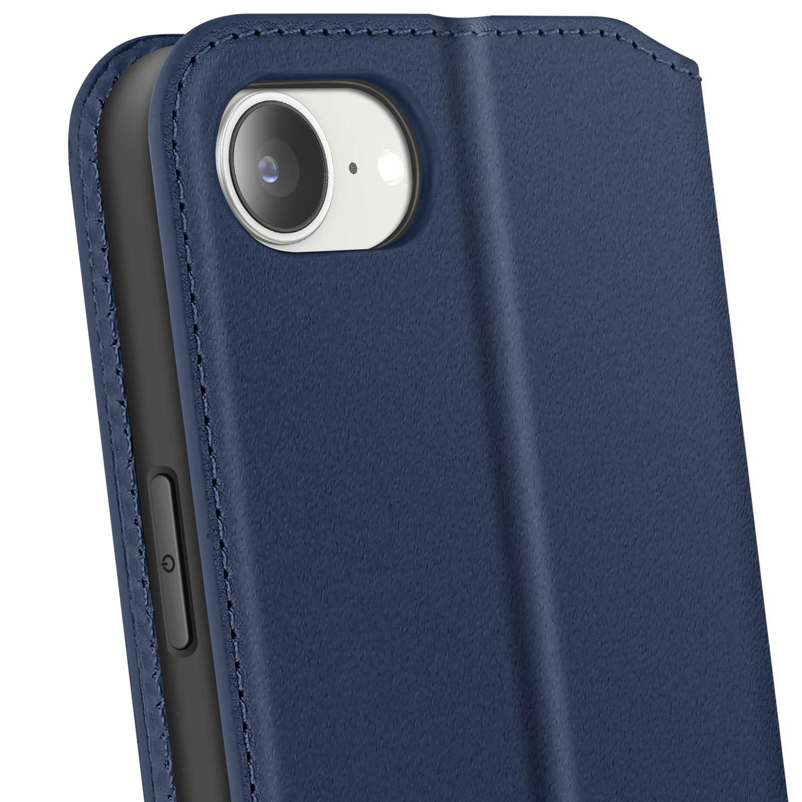 Una custodia blu per telefono con fotocamera e pulsante laterale visibili.