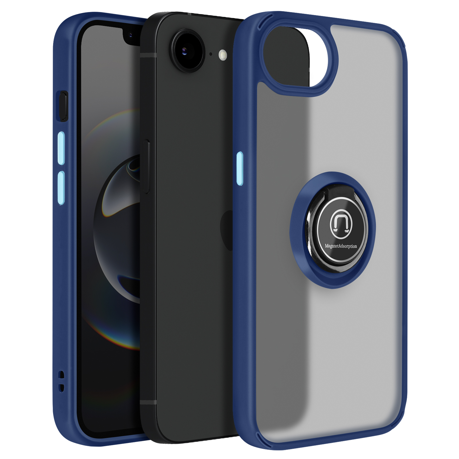 Drie telefoons op een rij, één met een blauwe hoes en ringhouder, andere zwart.