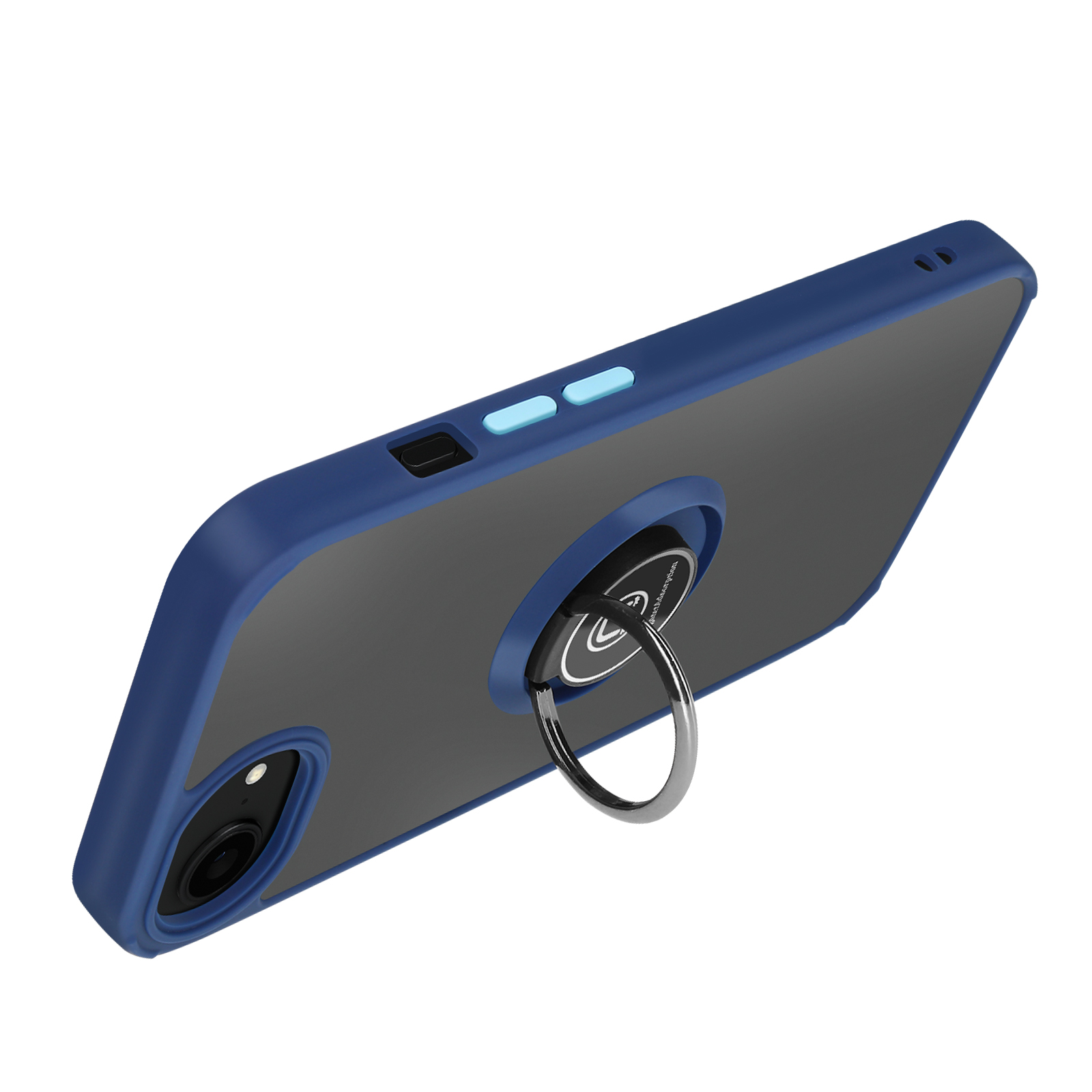 Een blauwe telefoonhoes met een ringhouder aan de achterkant bevestigd.