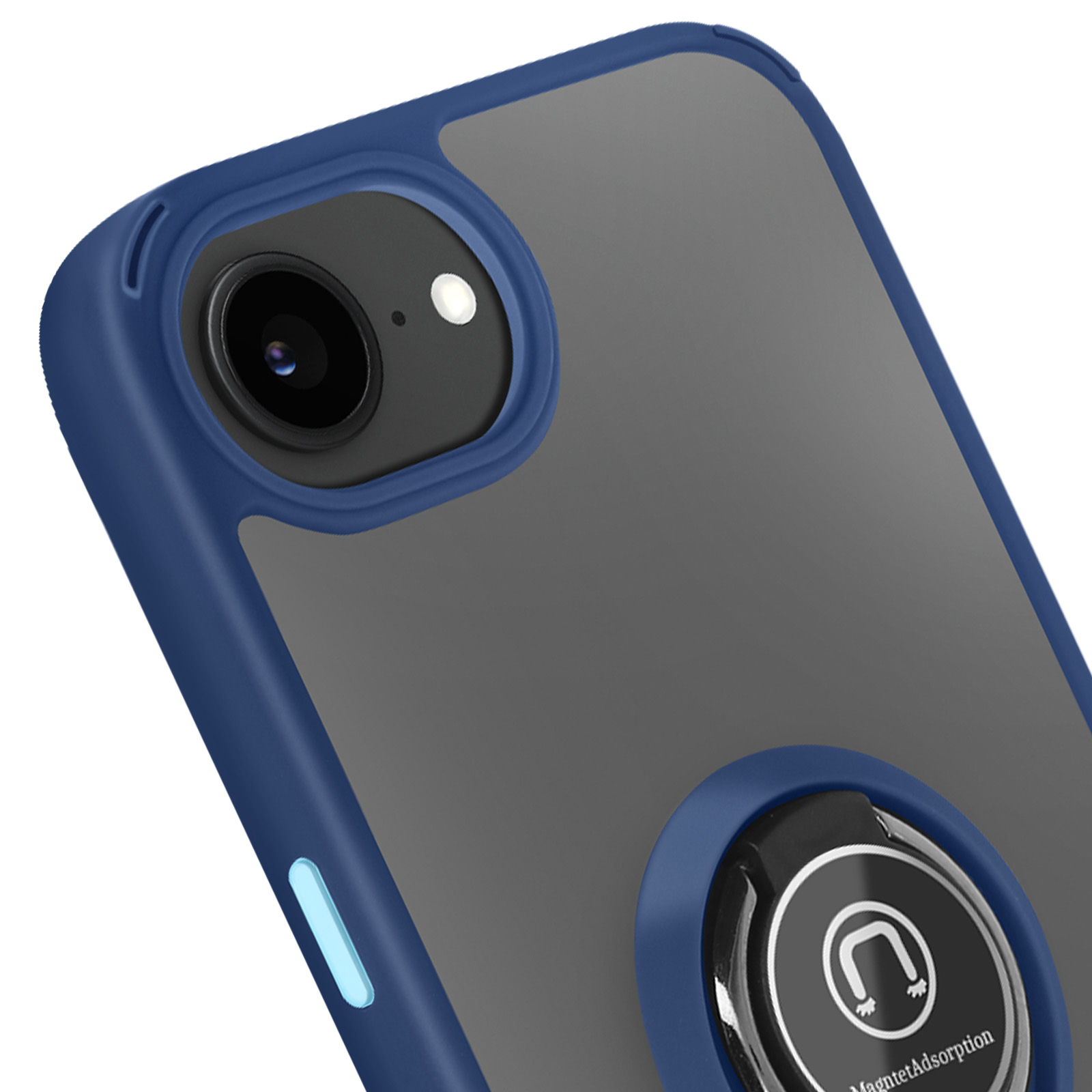 Close-up van een blauw-grijze telefoonhoes met een ringhouder en het woord MagnetAdsorption.