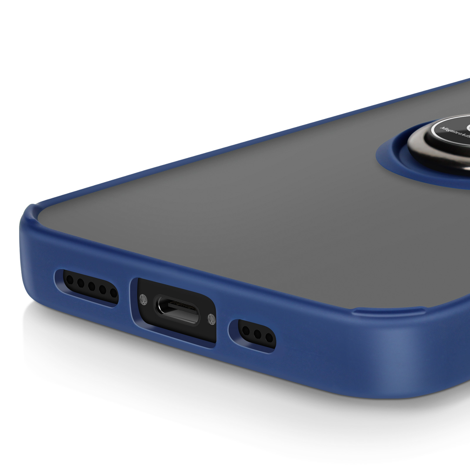 Blauwe iPhone-hoes met een camera-uitsparing en een ringhouder. De hoes staat tegen een witte achtergrond.