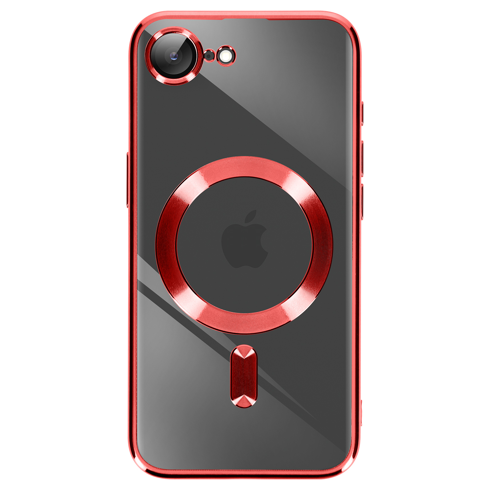 Rood omrande transparante iPhone-hoes met rode magnetische ring en camerarand, Apple-logo zichtbaar.