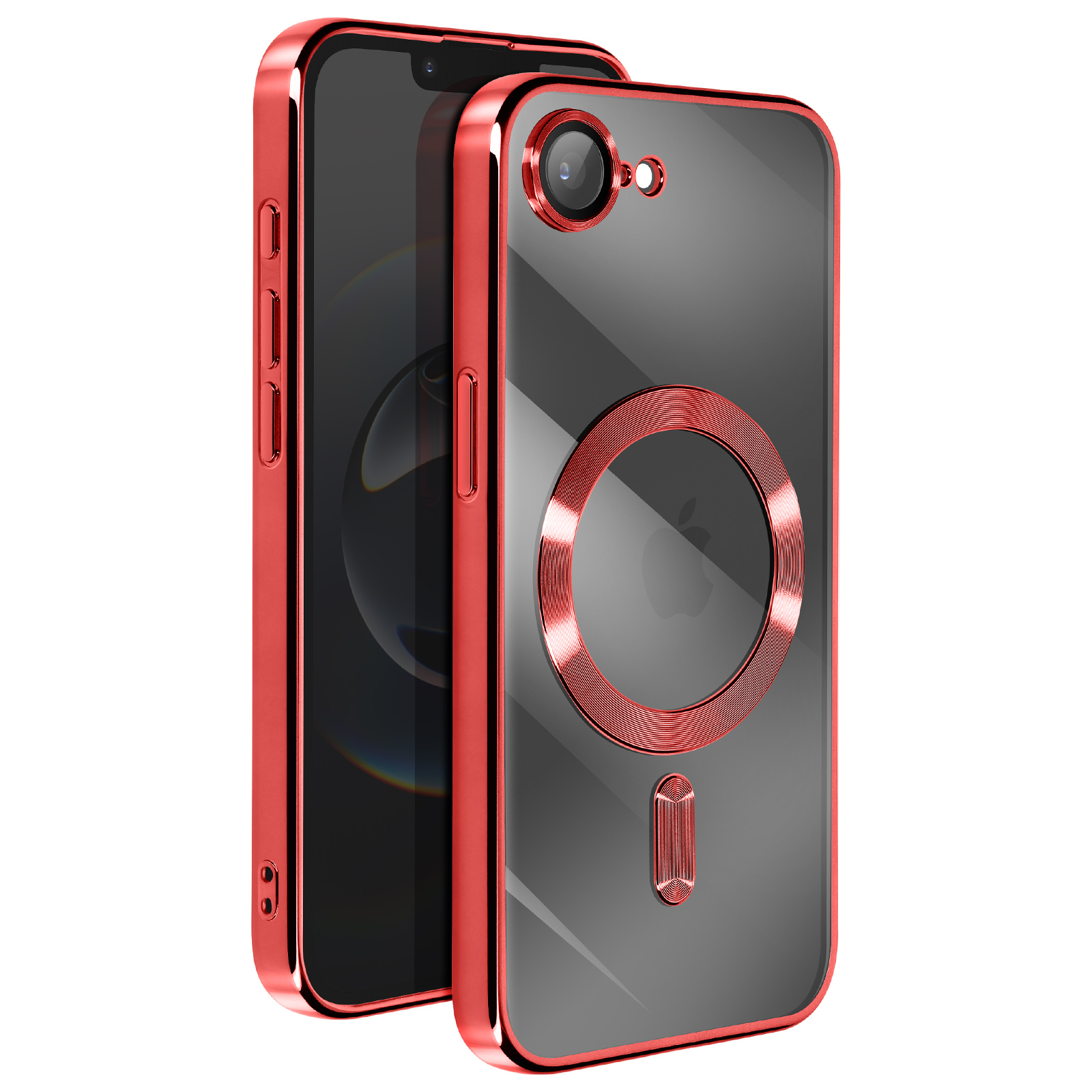 Rode iPhone-hoes, glanzend, met een camerarand en Apple-logo. De telefoon zit in de hoes.