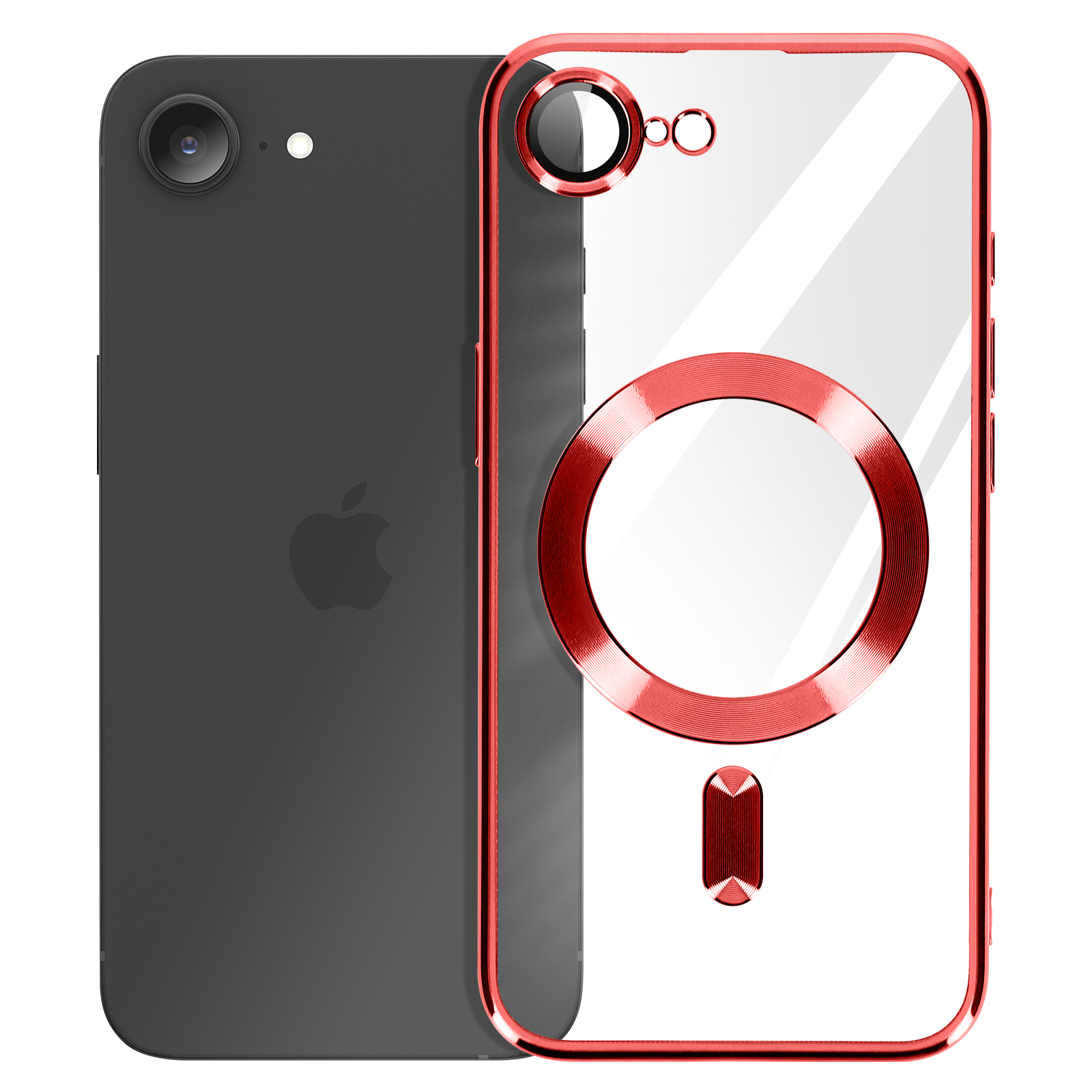 Zwarte iPhone met een rode frame hoes. De hoes toont de achterkant van de telefoon.