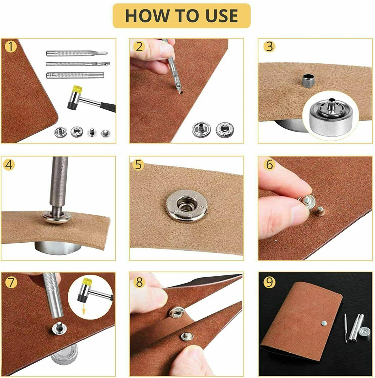 Eine Bilderfolge, die Schritte zum Anbringen von Druckknöpfen auf Leder mit Werkzeugen zeigt.