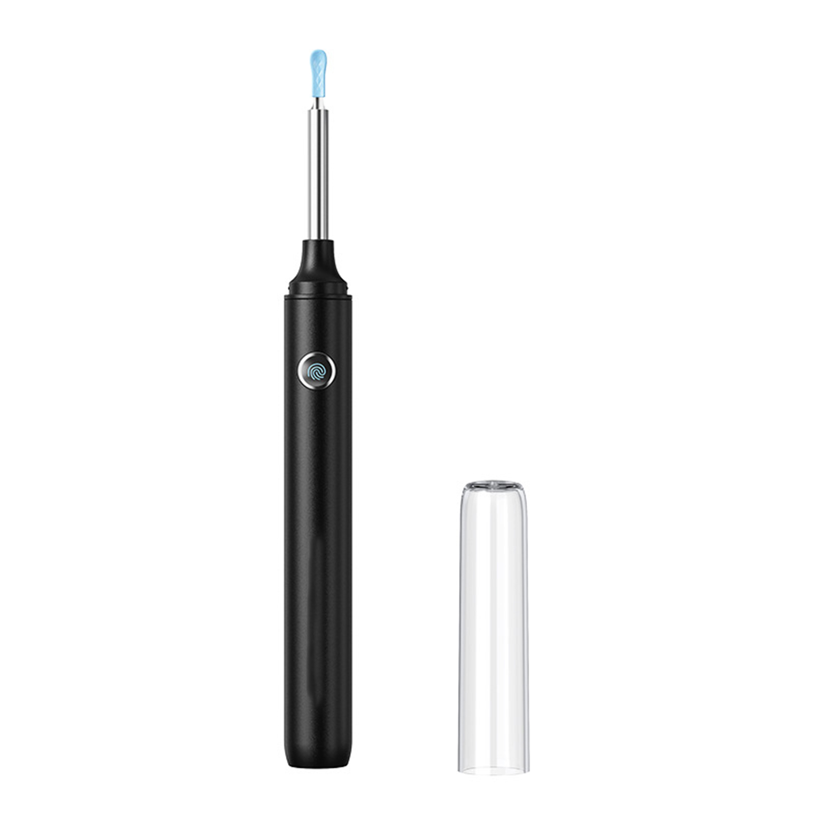 Ein schwarzes Ohrreinigungswerkzeug mit einer blauen Lichtspitze und einer transparenten Schutzkappe.