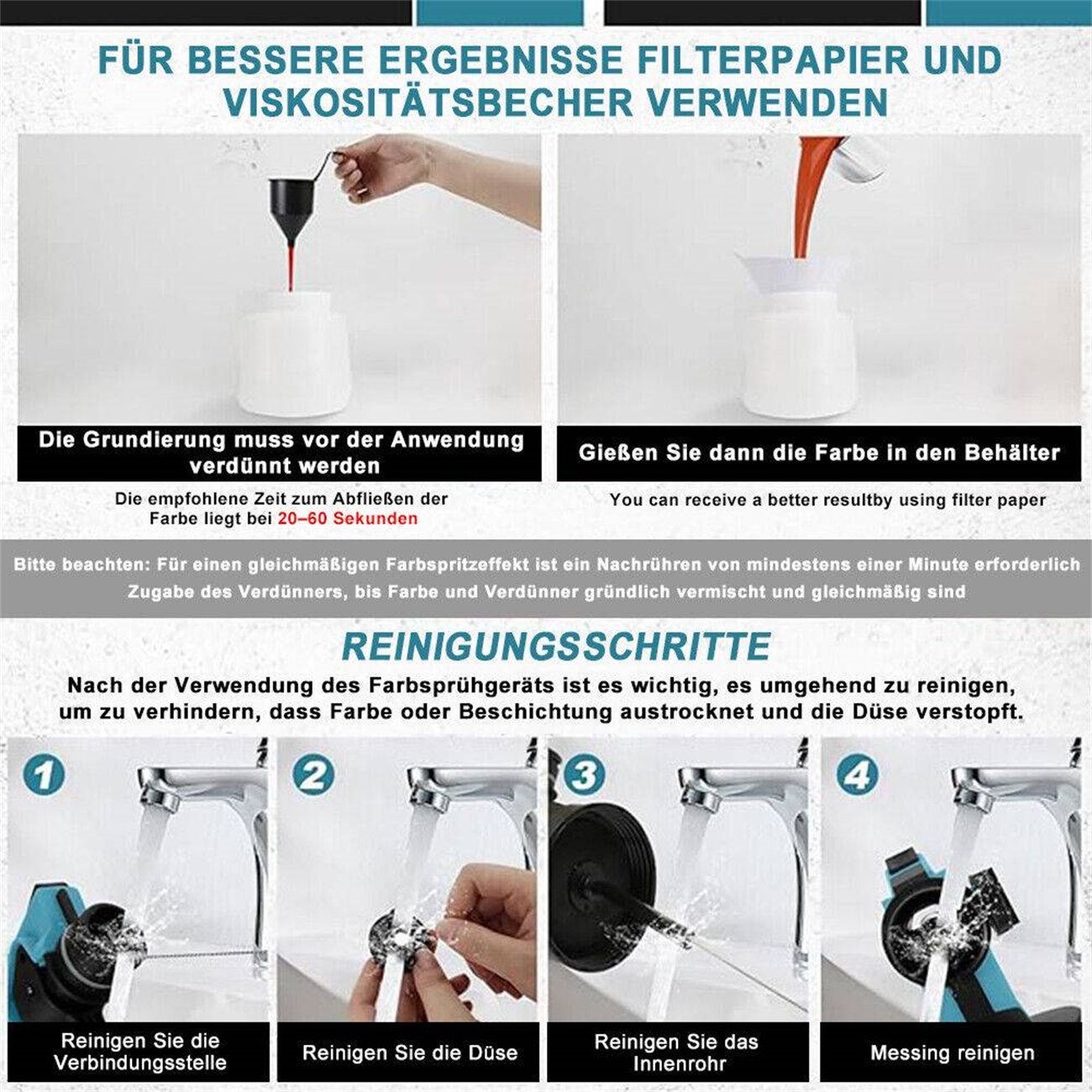 Anweisungen zur Verwendung von Filterpapier für den Farbauftrag mit Reinigungsschritten.
