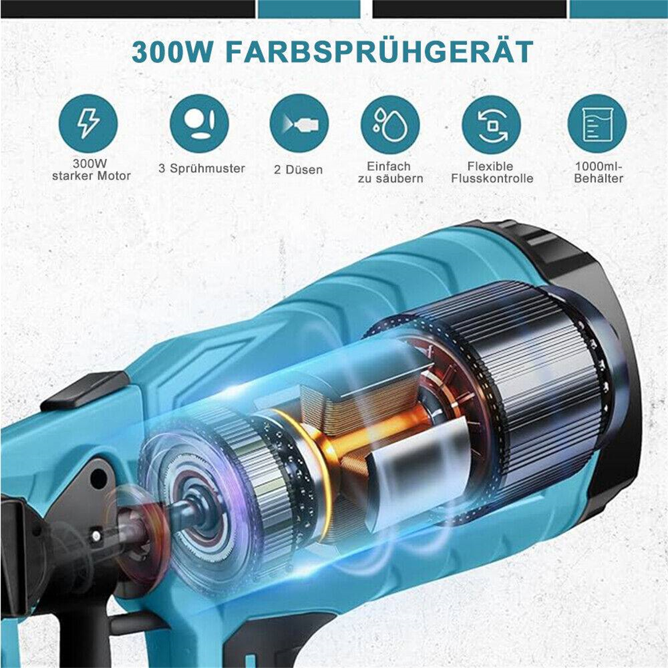 Ein elektrisches Farbspritzgerät, aufgeschnitten. Der Motor und einige Innenteile sind sichtbar.