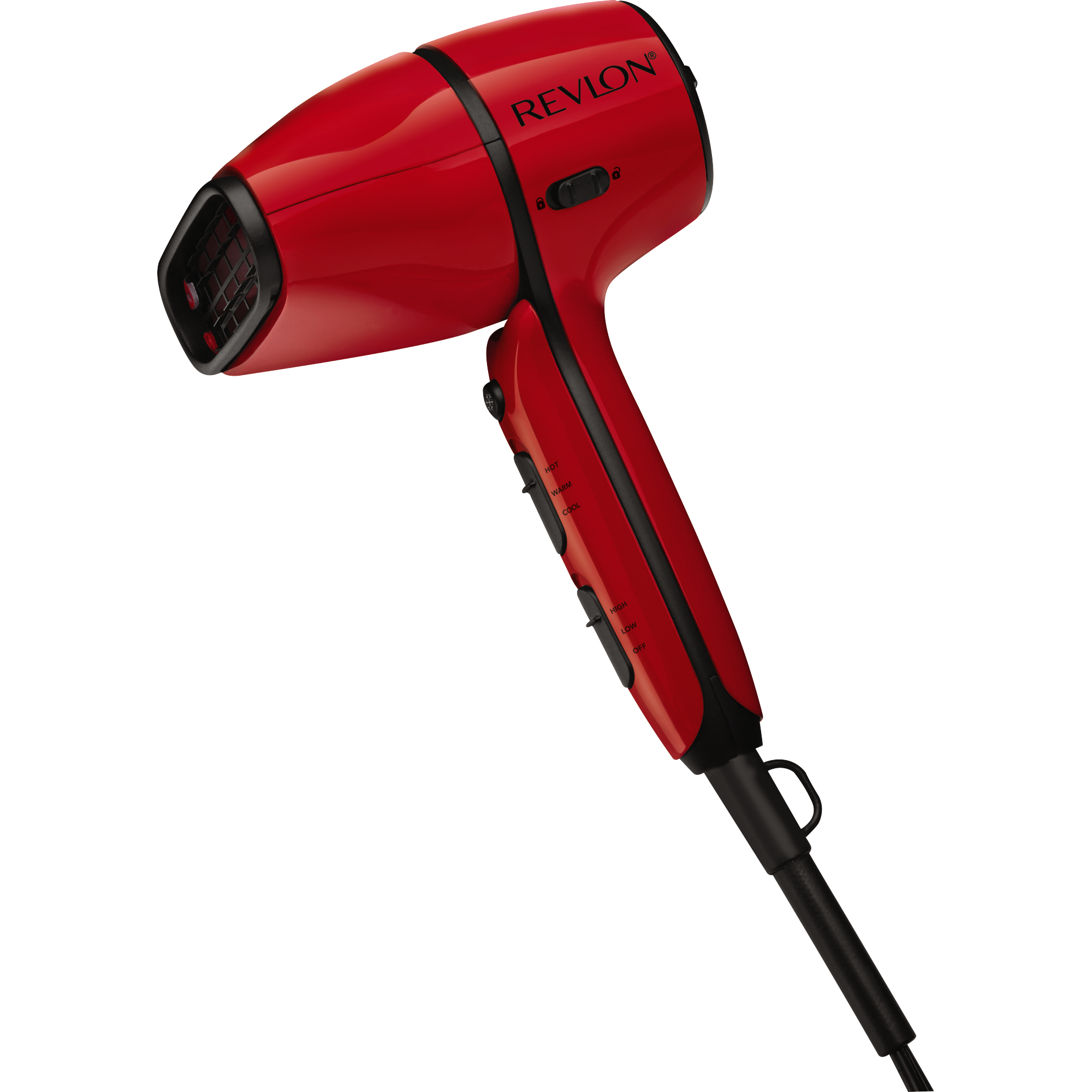 Czerwona suszarka do włosów Revlon z czarnymi akcentami na białym tle.