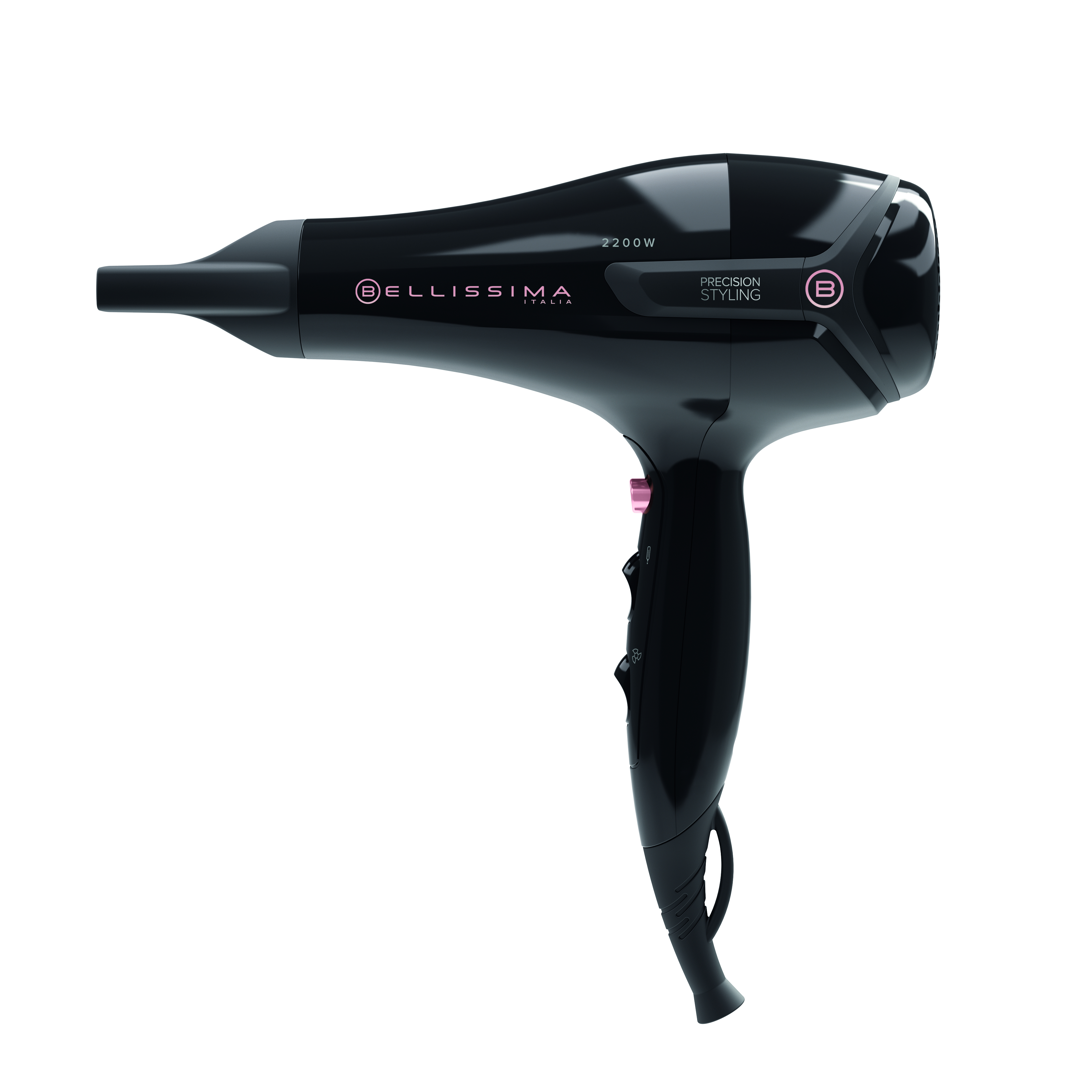Asciugacapelli nero con dettagli rosa. Il marchio è Bellissima Italia.