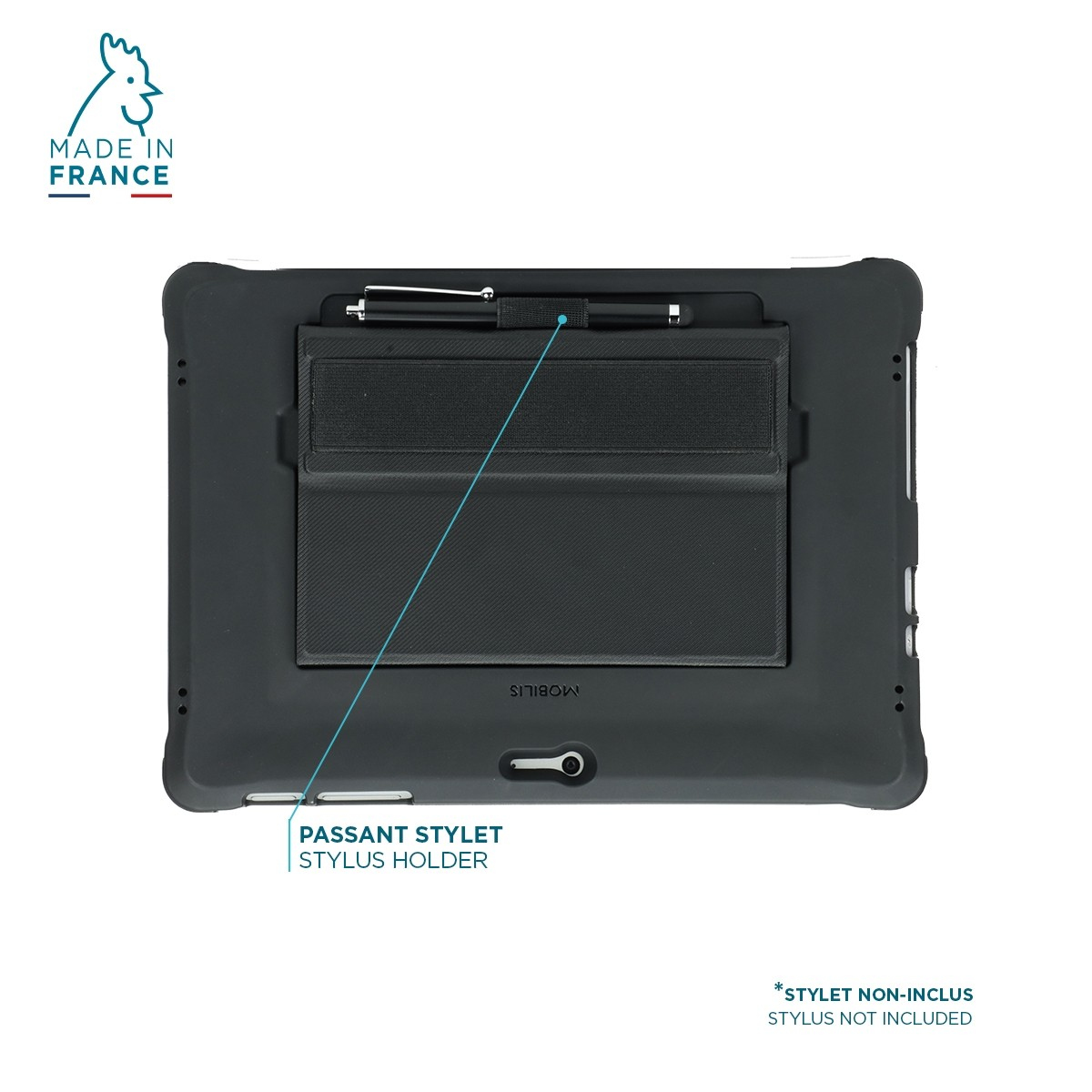 Una funda negra para tableta con soporte para lápiz, un lápiz y texto que indica 'Lápiz no incluido'.