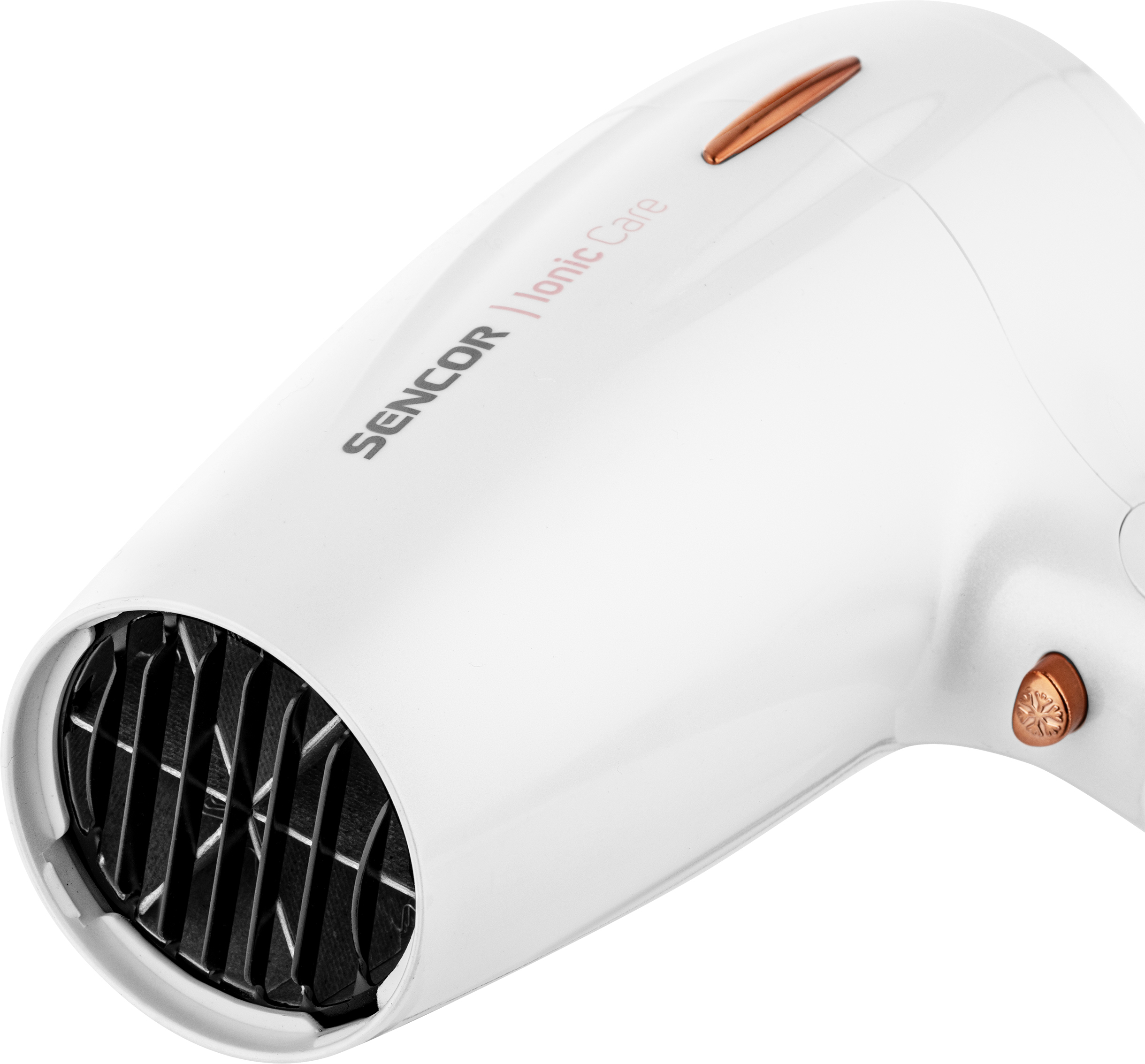 Biała suszarka do włosów z czarną kratką i miedzianym detalem, ujęcie z bliska.