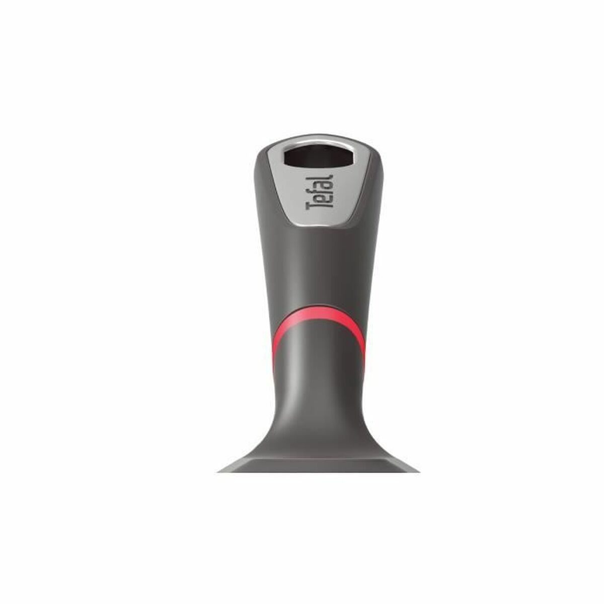 Nahaufnahme eines Tefal-Spatelgriffs. Er ist grau mit rotem Akzent. Oben befindet sich das Tefal-Logo.
